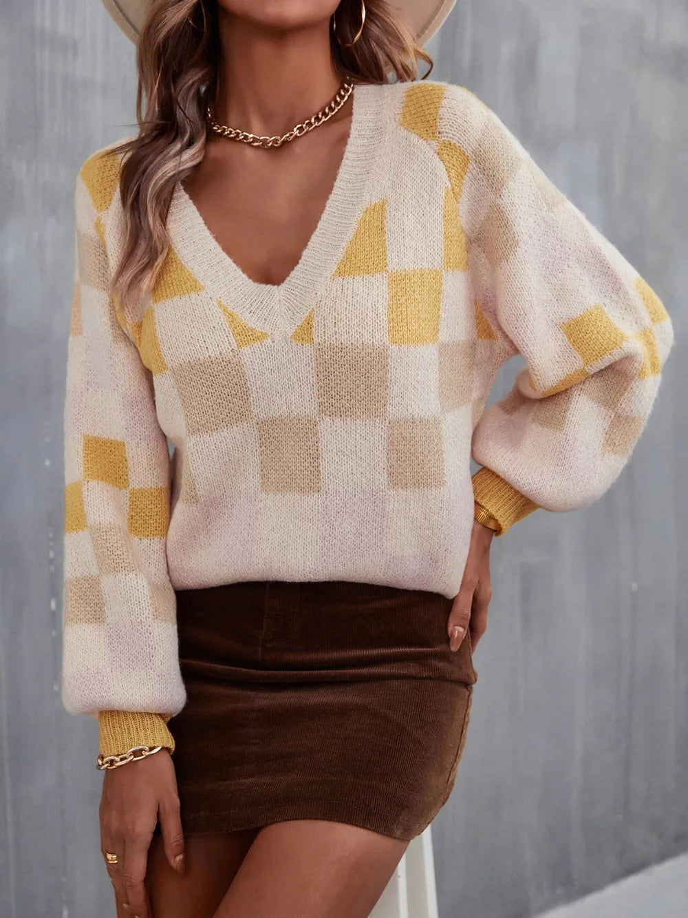 Checkered V-Neck Sweater