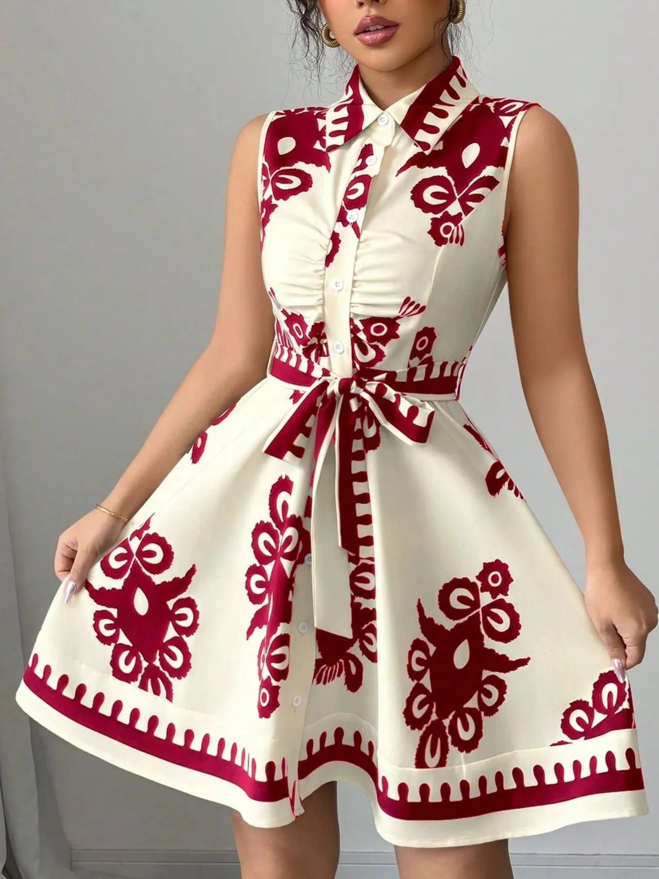 Sleeveless Printed Shirt Dress with Belt