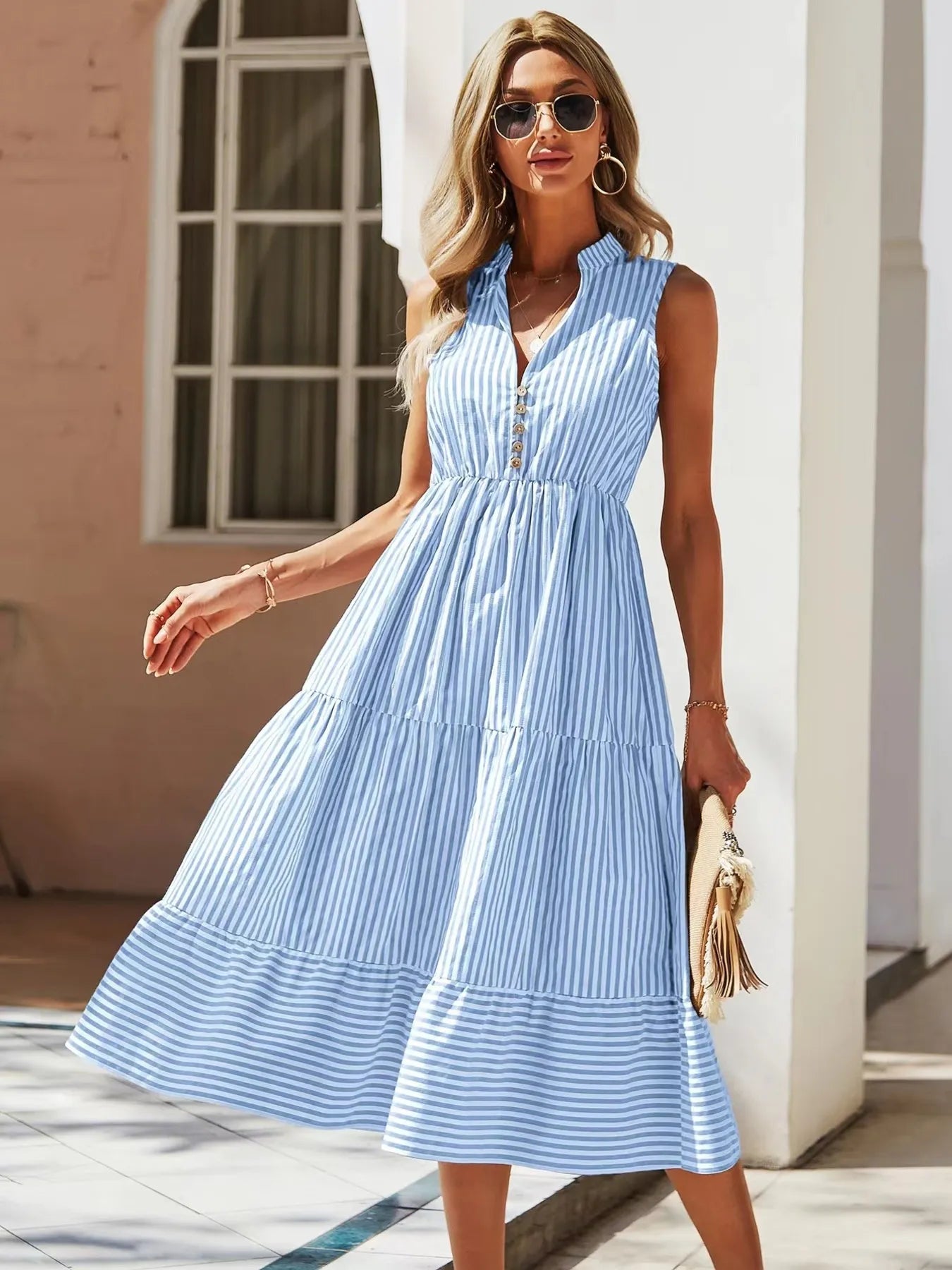 Coastal Striped Sleeveless Midi Dress