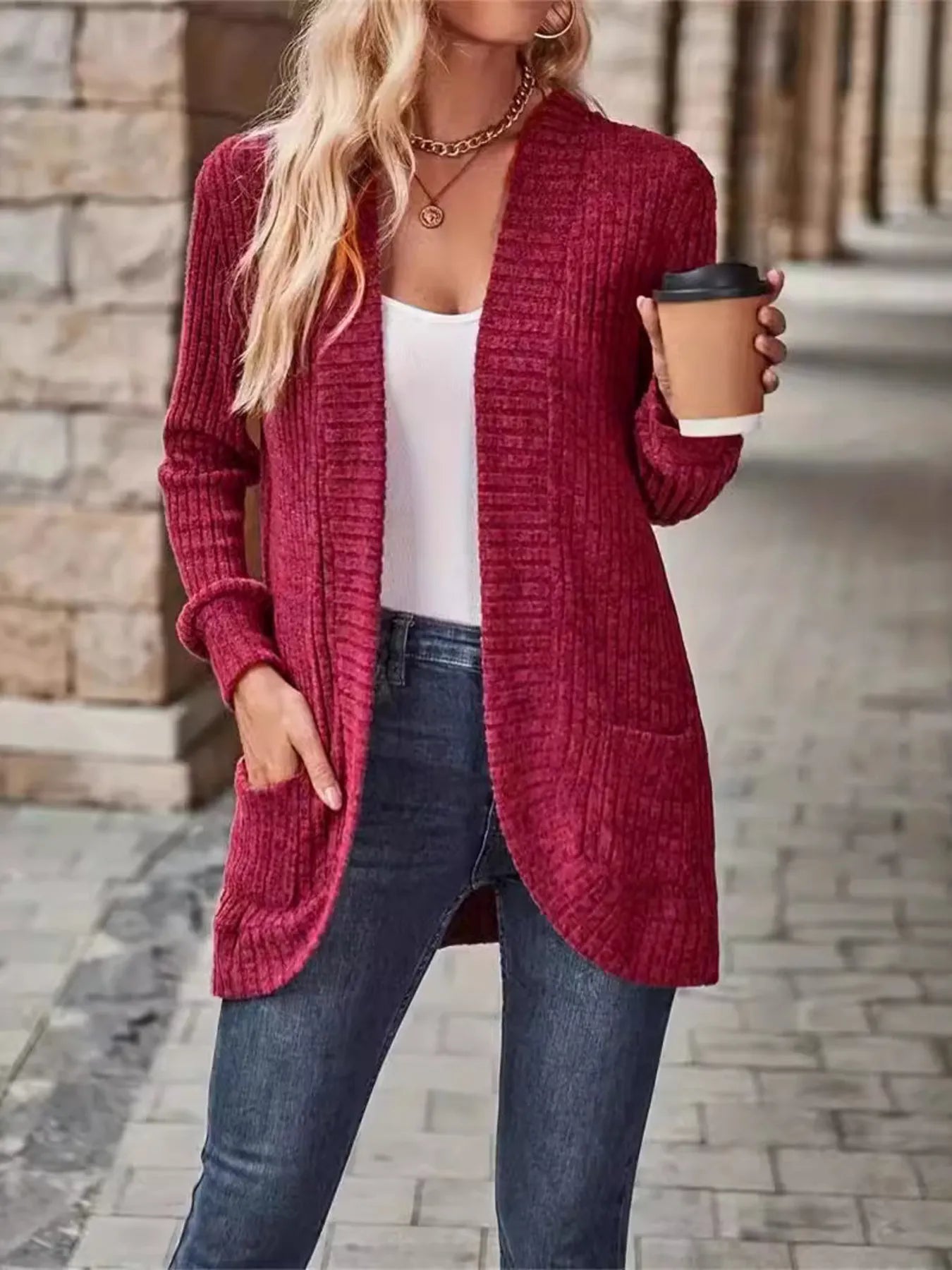 Ribbed Open Front Long Cardigan with Pockets