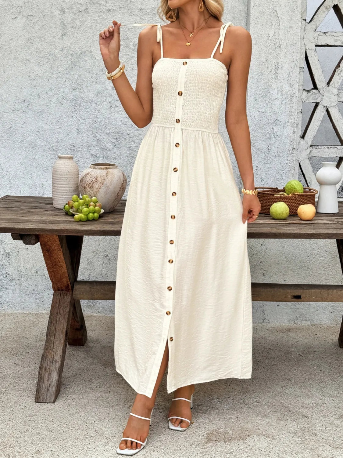 Tie-shoulder Button-front Maxi Dress