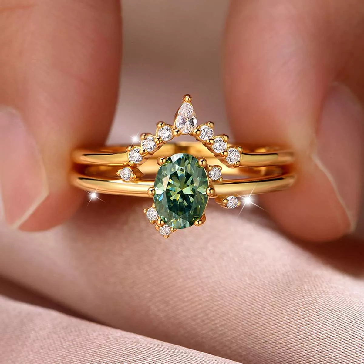 Green Moissanite 18k Gold-Plated Silver Stacked Ring
