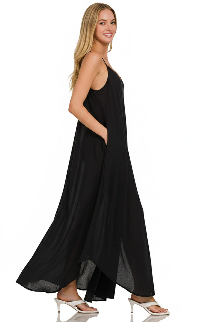 Crinkle Cami Maxi Dress with Pockets - Black