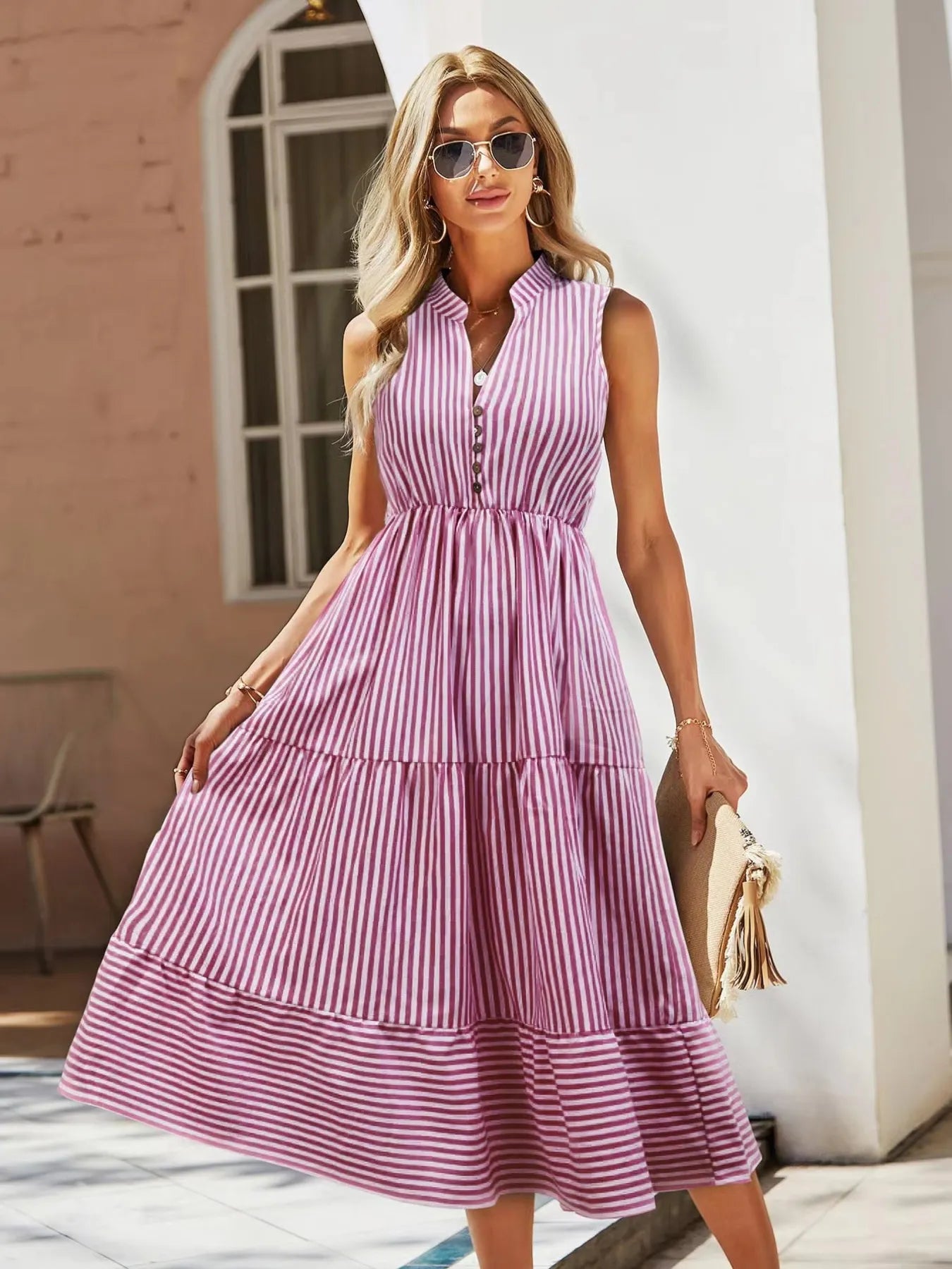 Coastal Striped Sleeveless Midi Dress