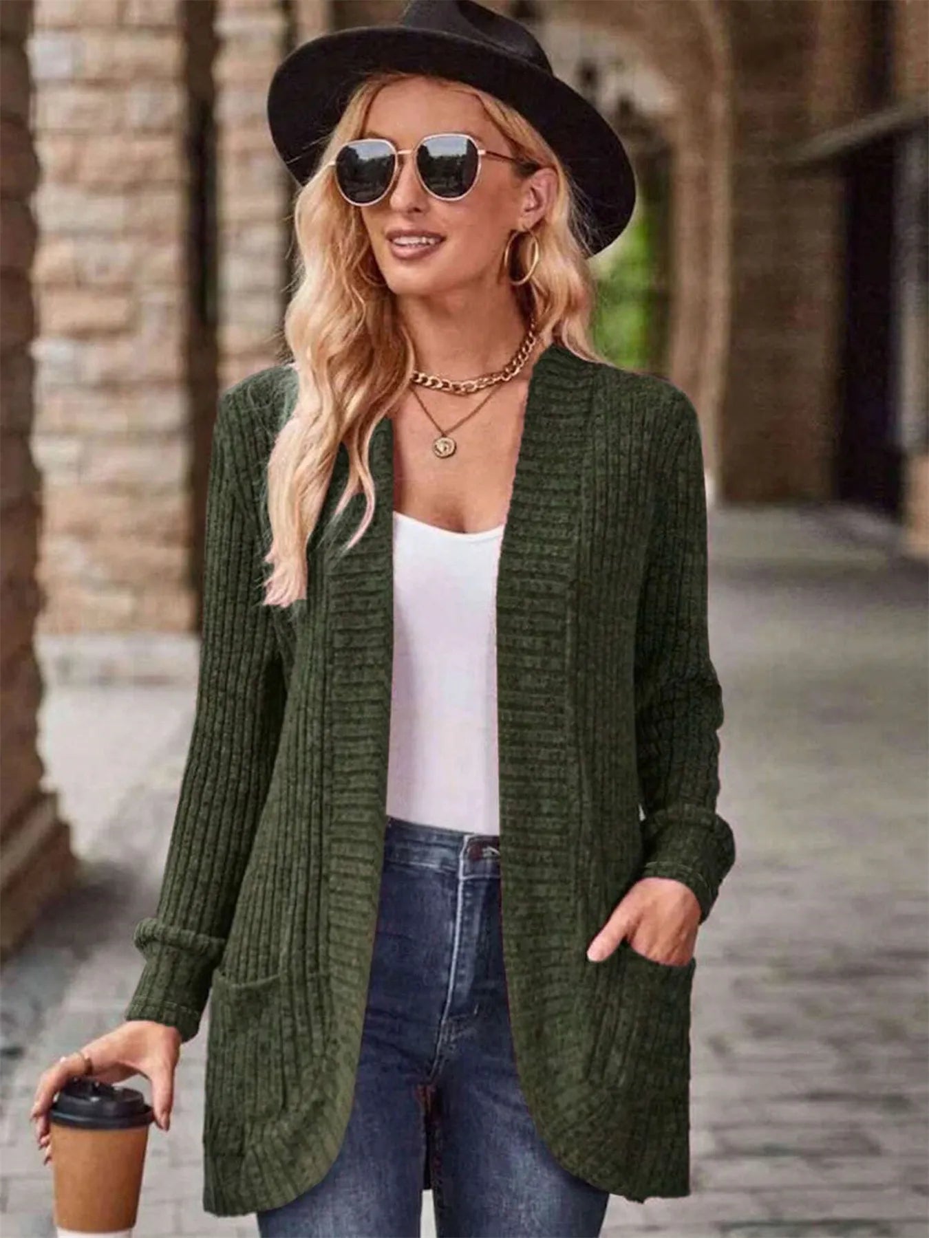 Ribbed Open Front Long Cardigan with Pockets