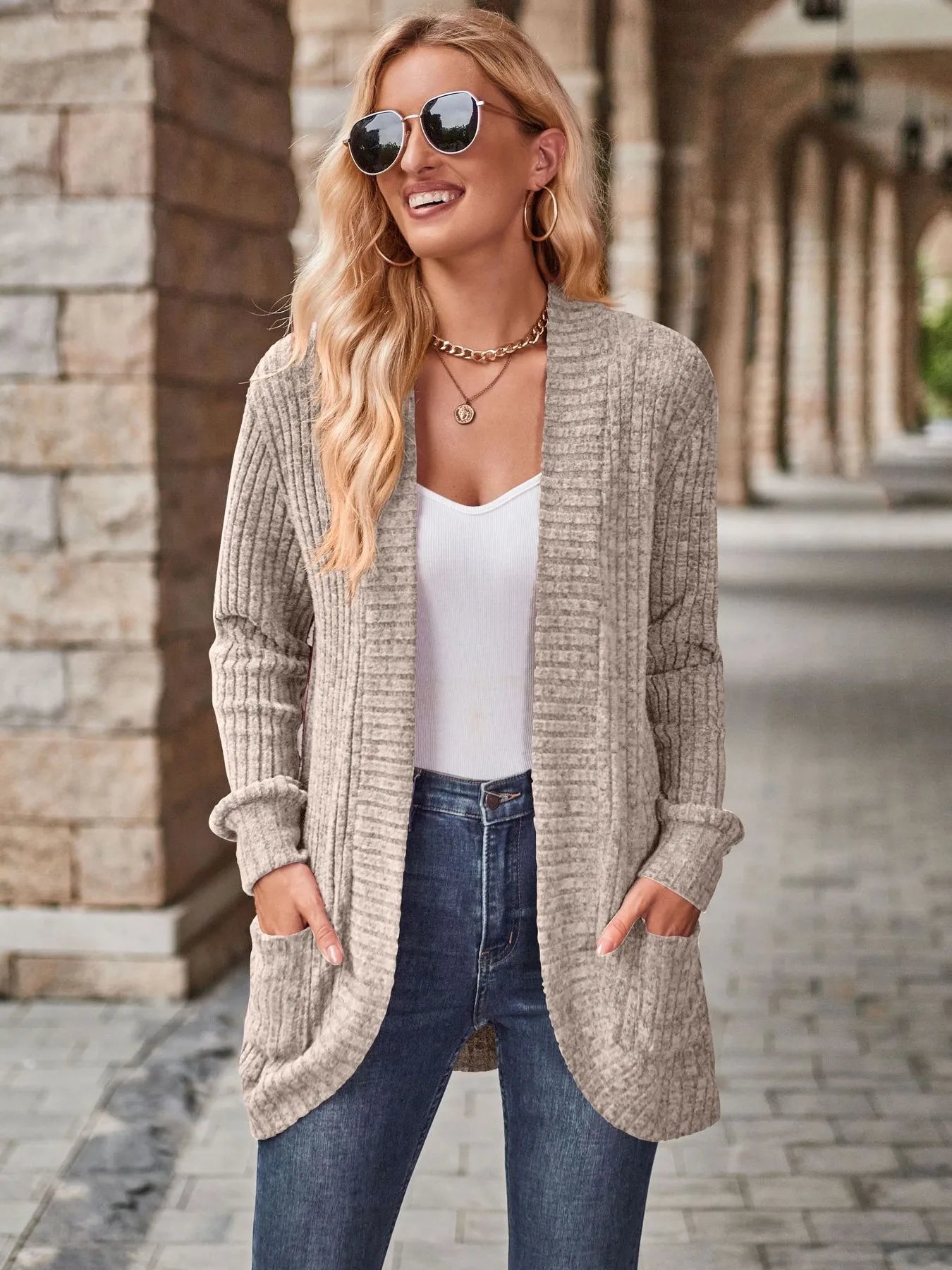 Ribbed Open Front Long Cardigan with Pockets