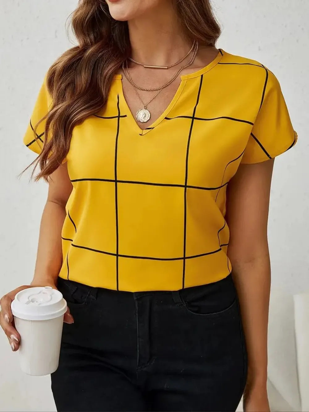 Modern Grid Notched Blouse