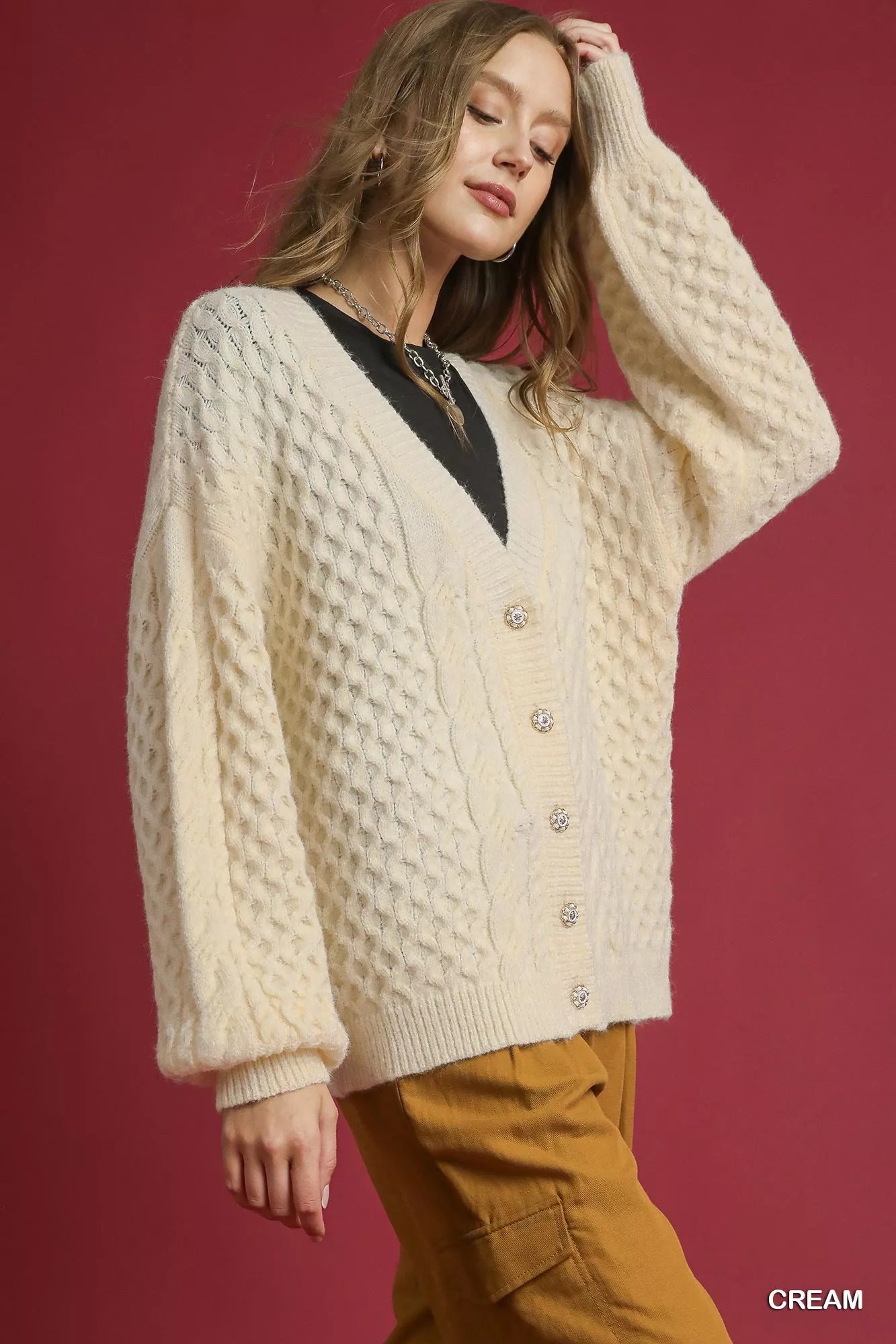 Cable Knit Cardigan with Pearl Buttons