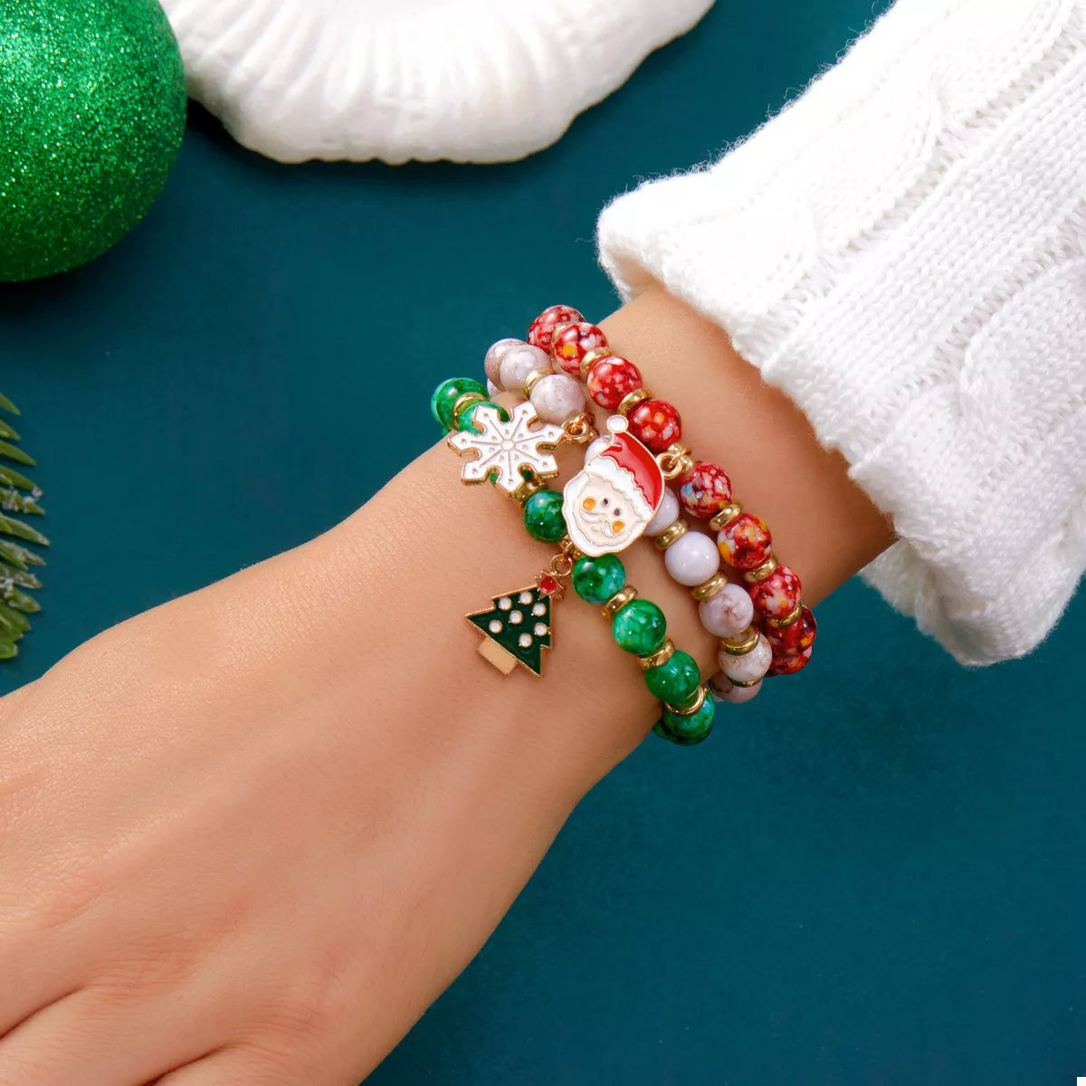 3-Piece Christmas Charm Beaded Bracelet