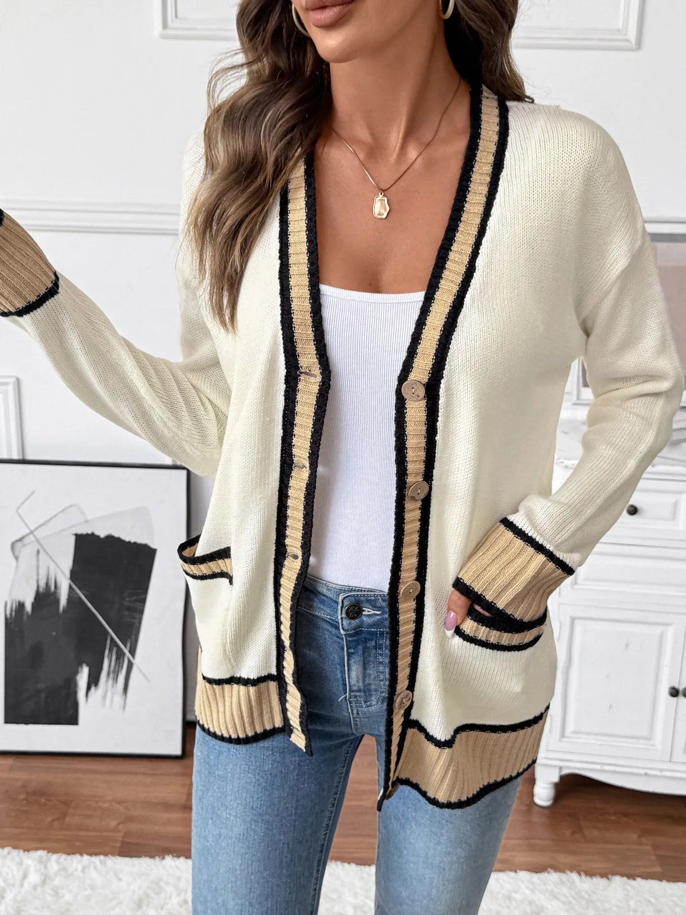 Contrast Trim Boyfriend Cardigan