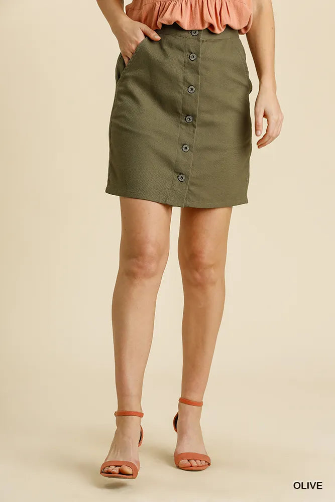 Linen Blend Olive Mini Skirt