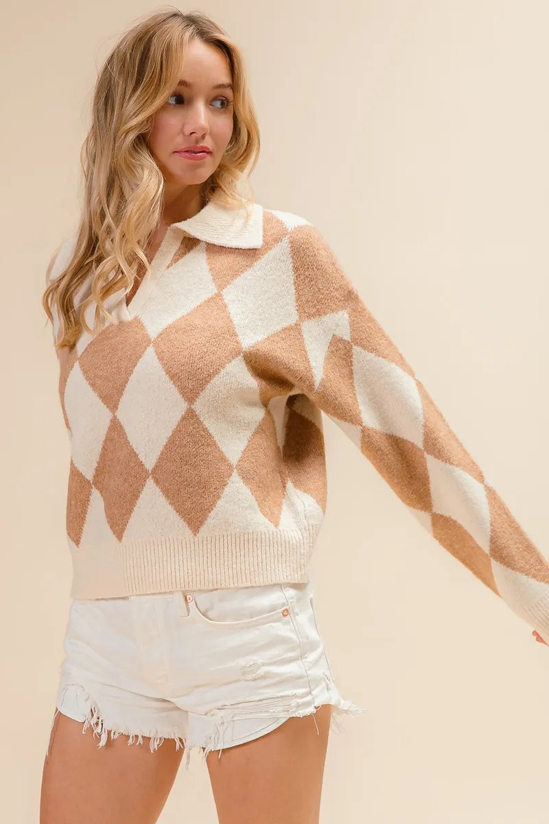 Argyle Collared Notch Neck Sweater