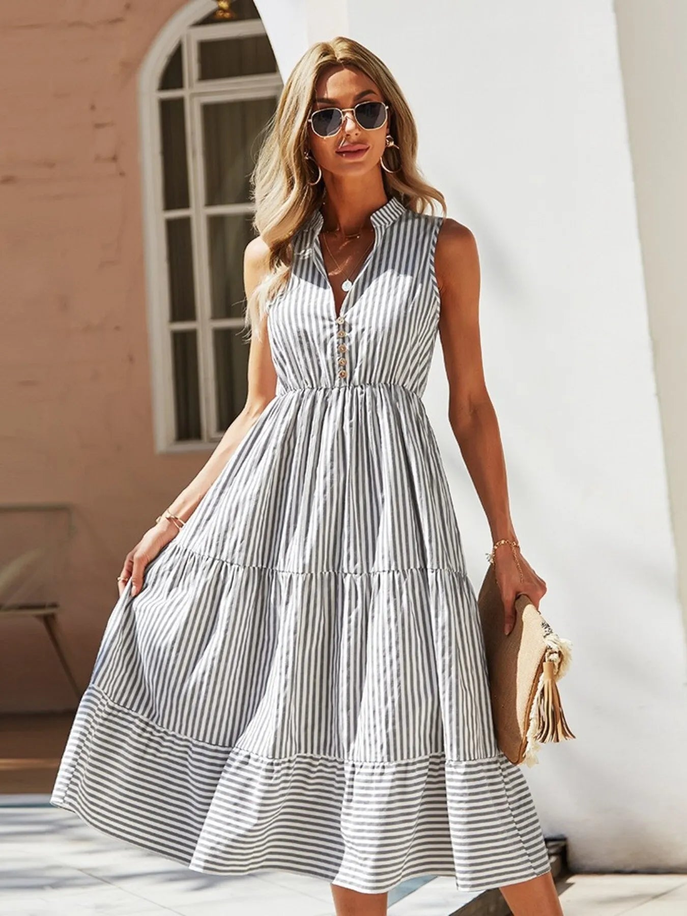 Coastal Striped Sleeveless Midi Dress