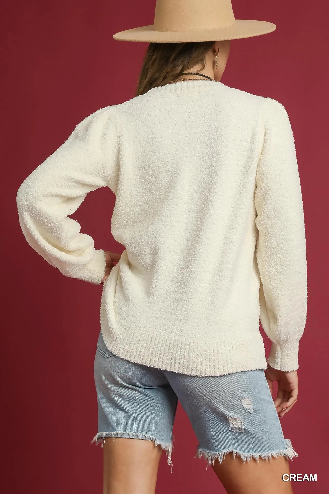 Long Sleeve Textured Sweater with Ribbed Trim