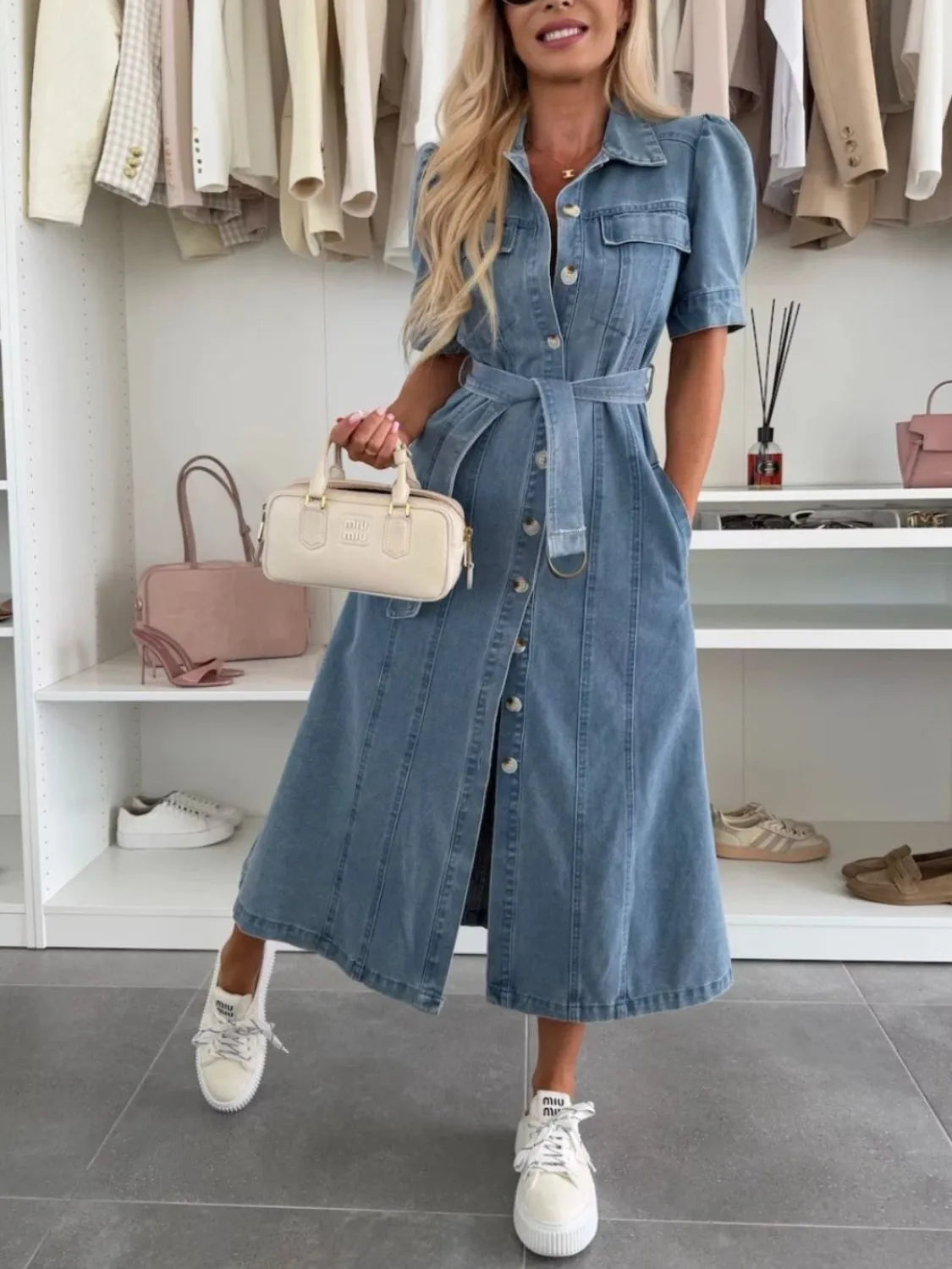 Denim Belted Midi Dress with Puff Sleeves
