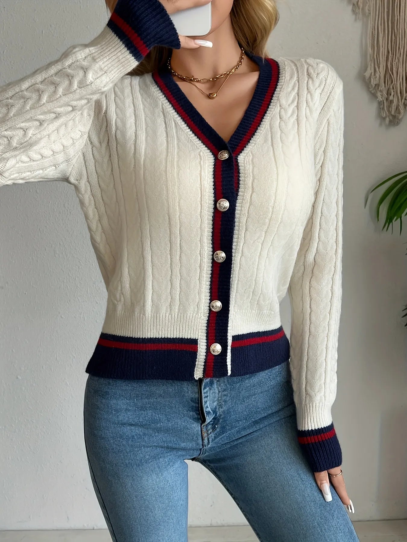 Cable Knit Cardigan with Contrast Trim