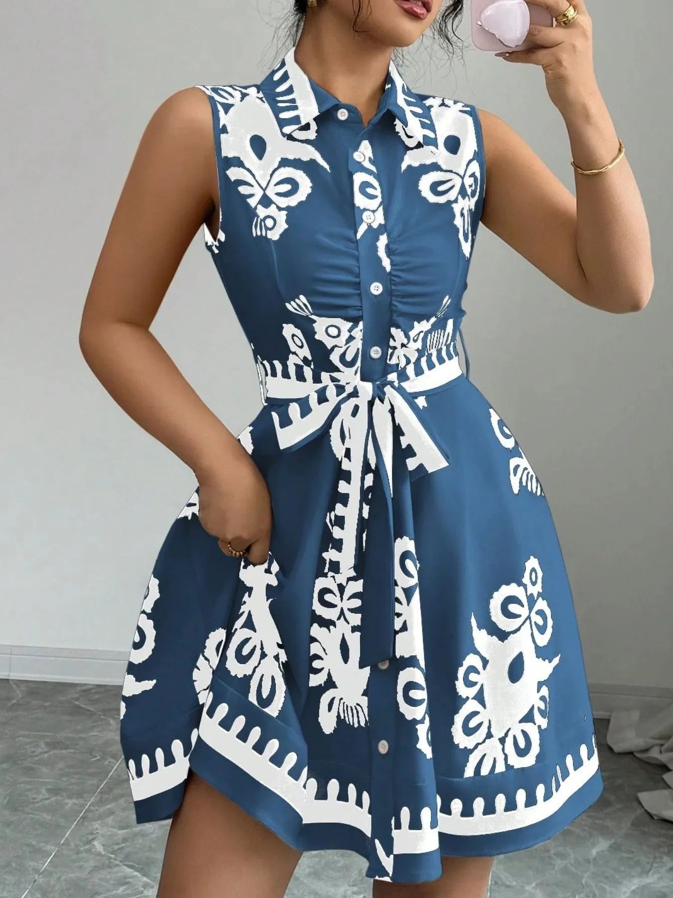 Sleeveless Printed Shirt Dress with Belt