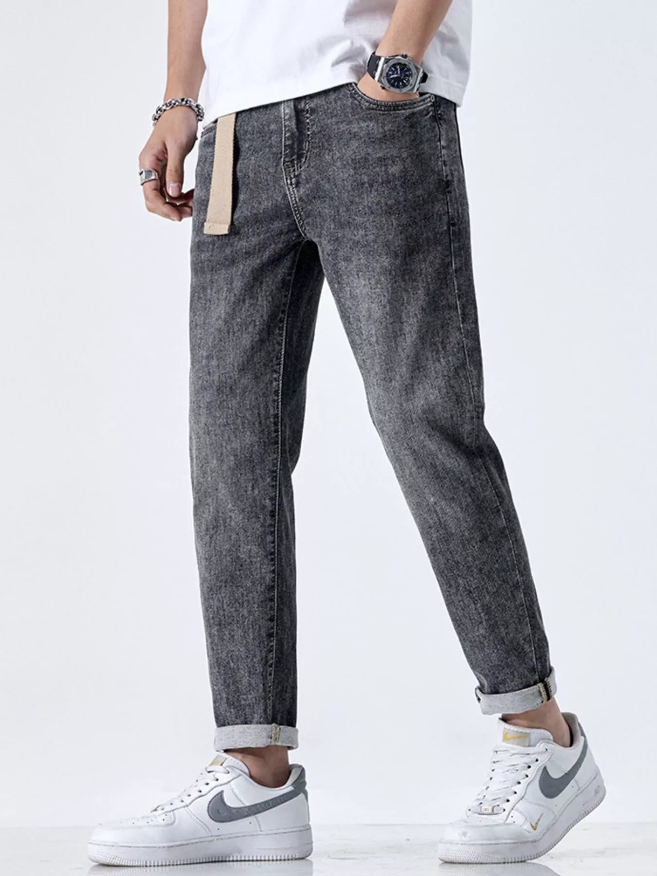 Men's Cuffed Straight Leg Washed Jeans