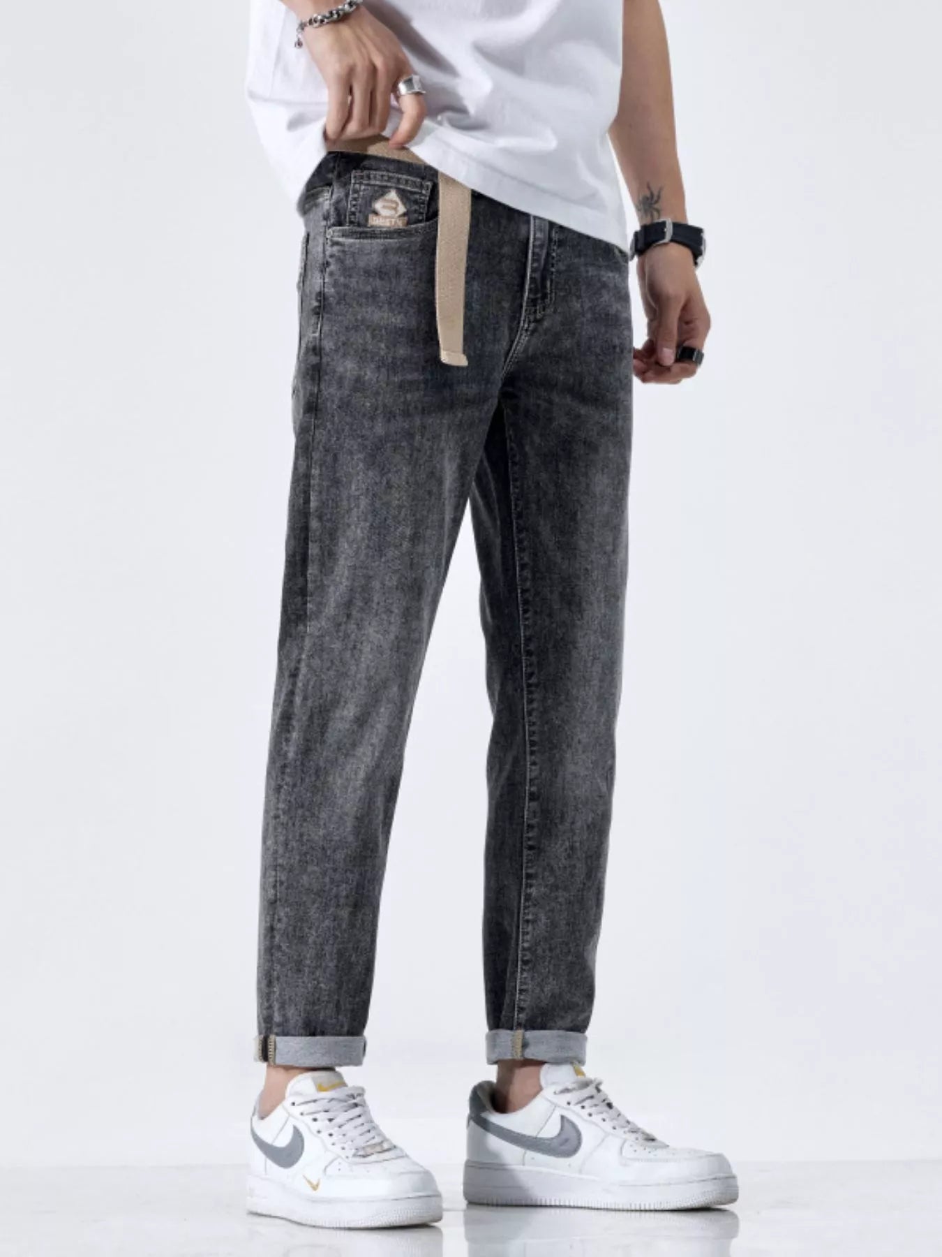 Men's Cuffed Straight Leg Washed Jeans