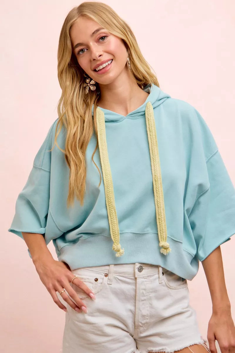 Washed Terry Short Sleeve Hooded Crop Top