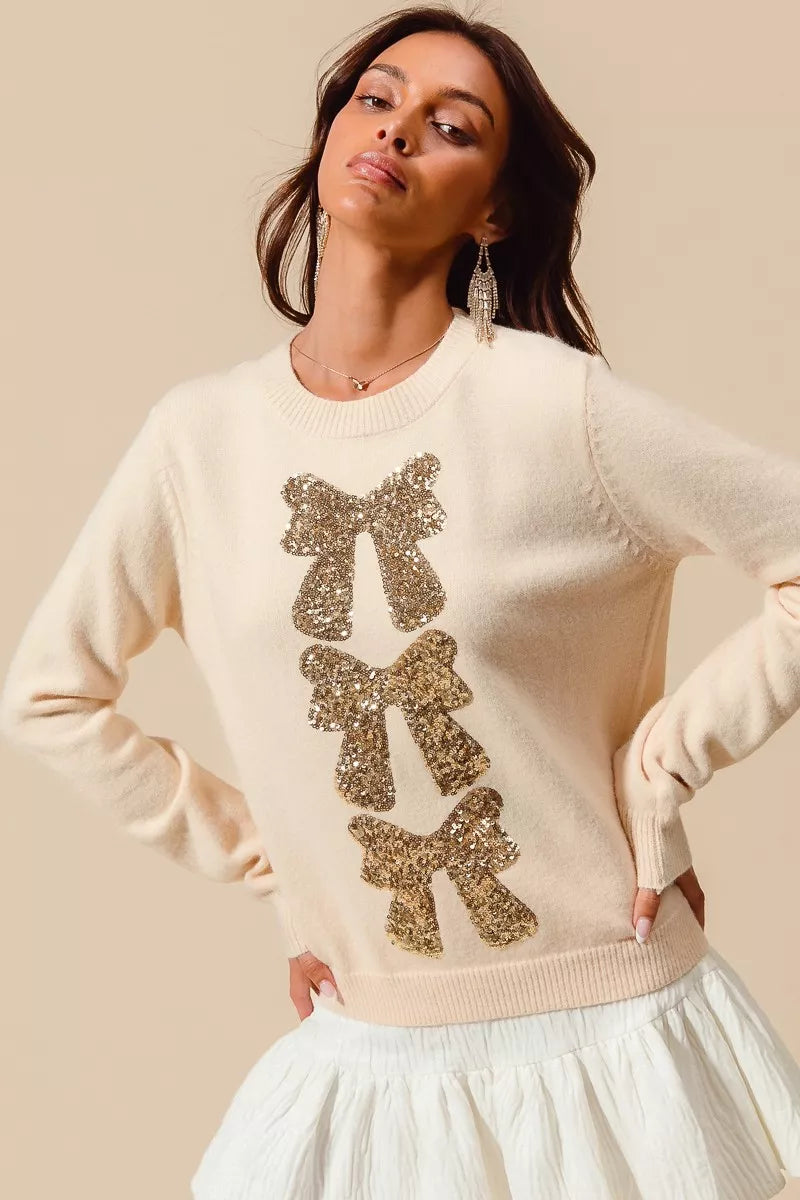 Sequined Bow Embellished Sweater - Cream and Gold