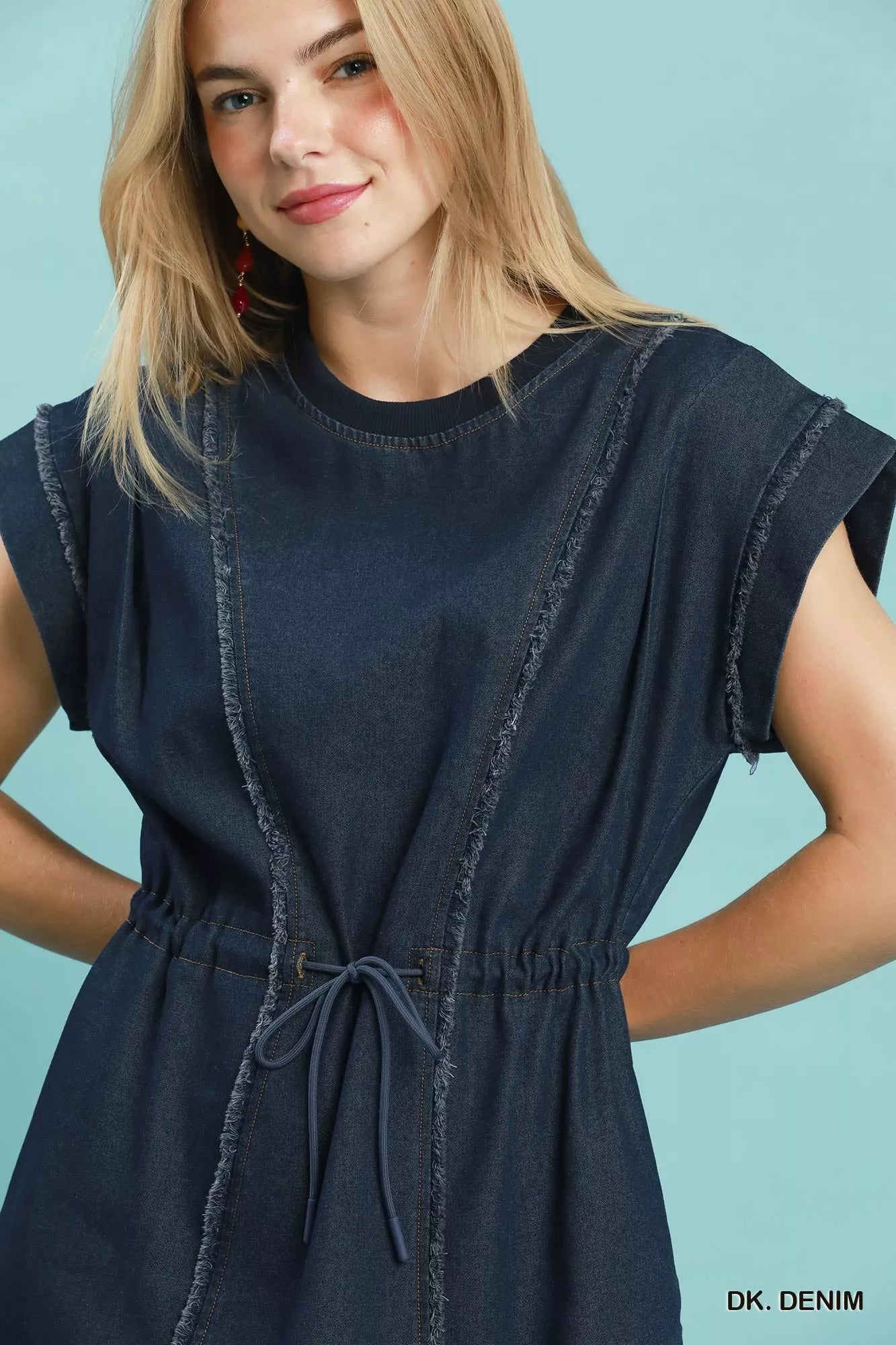 Drawstring Waist Frayed Denim Mini Dress