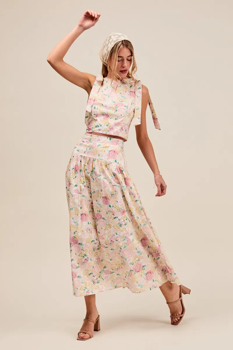 Floral Printed Shoulder Tie Top and Skirt Set