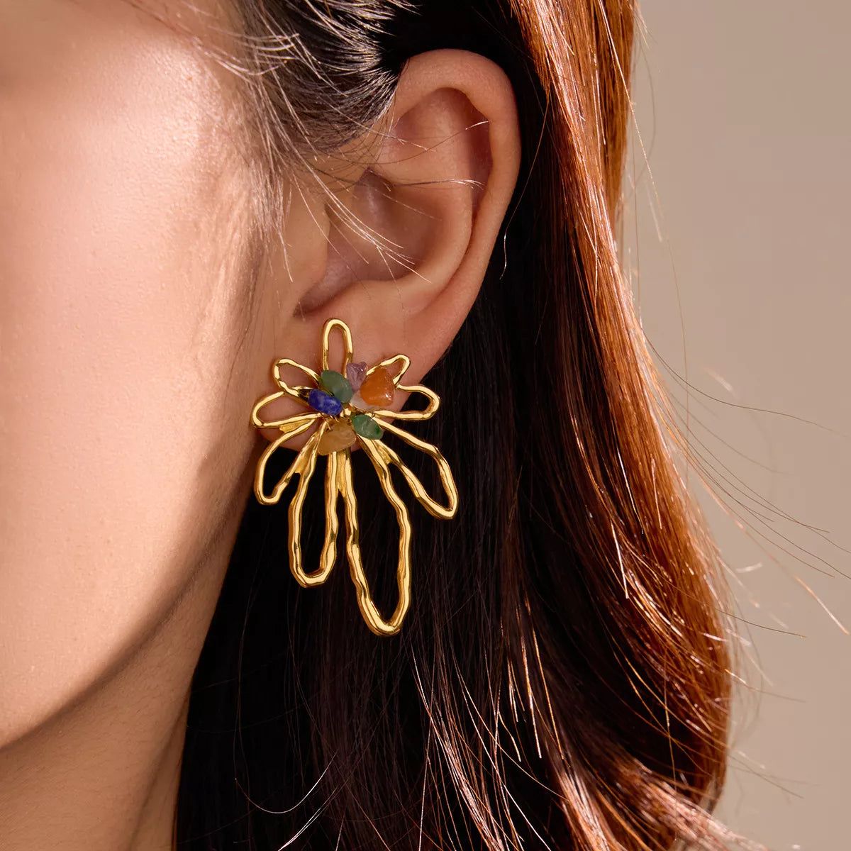 18K Gold-Plated Natural Stone Flower Earrings