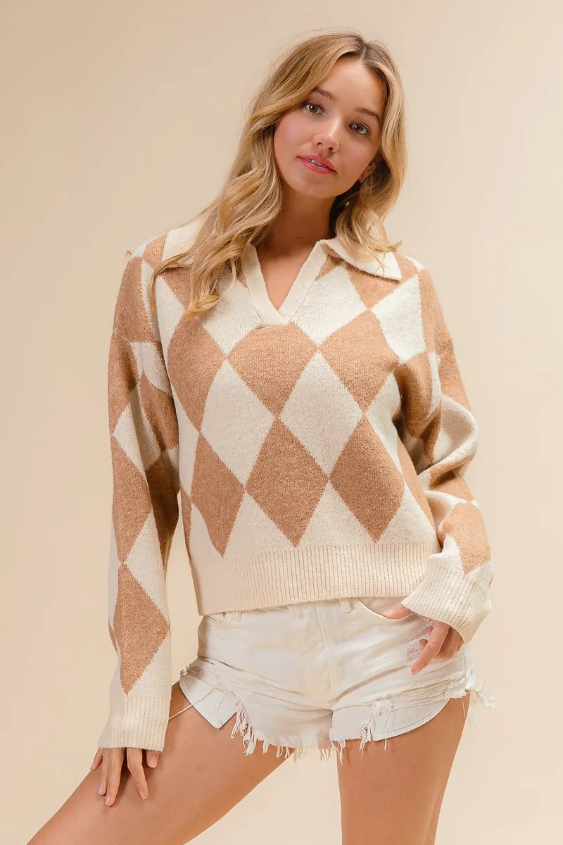 Argyle Collared Notch Neck Sweater