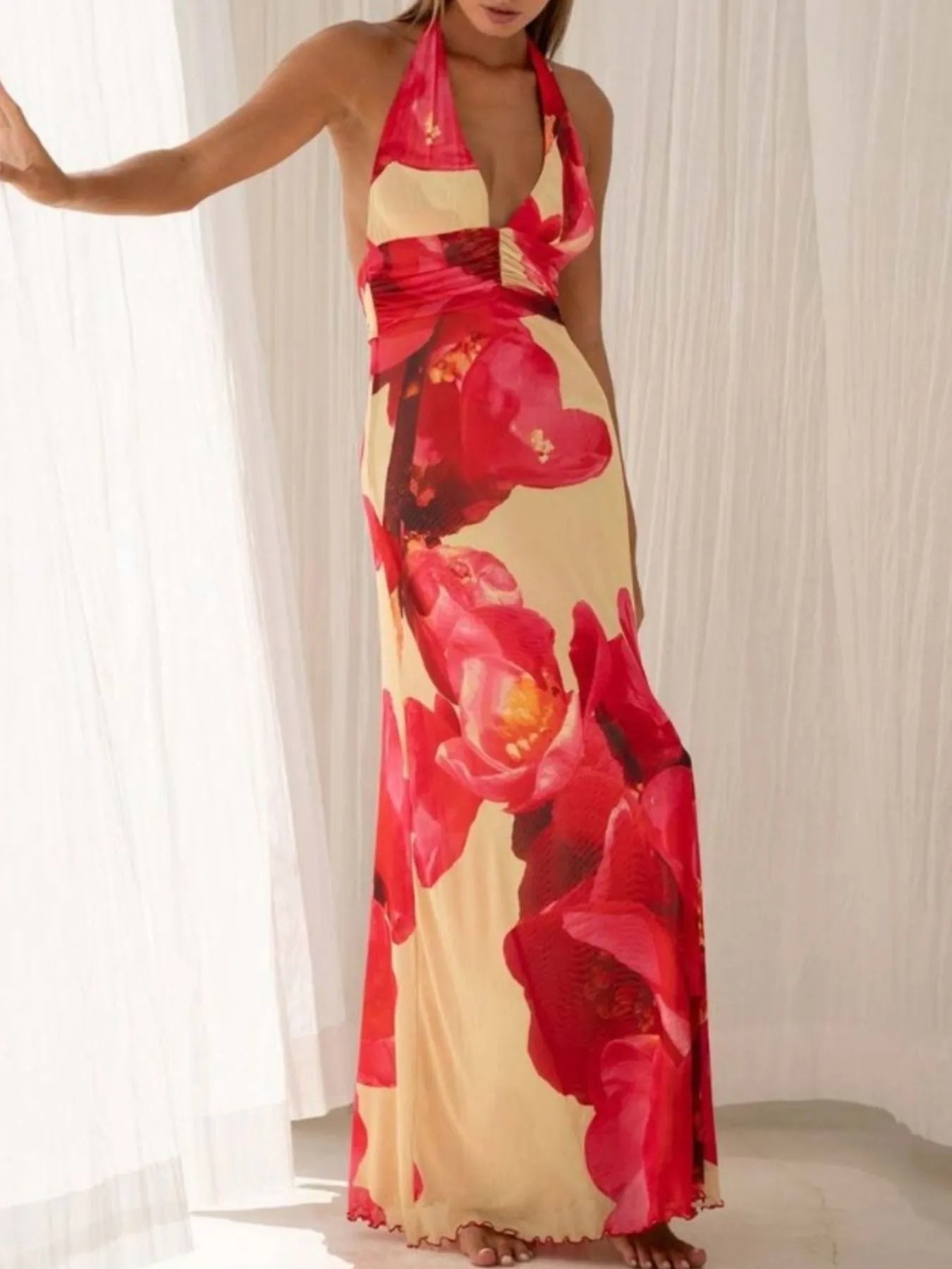 Floral Halter Neck Deep V Backless Dress