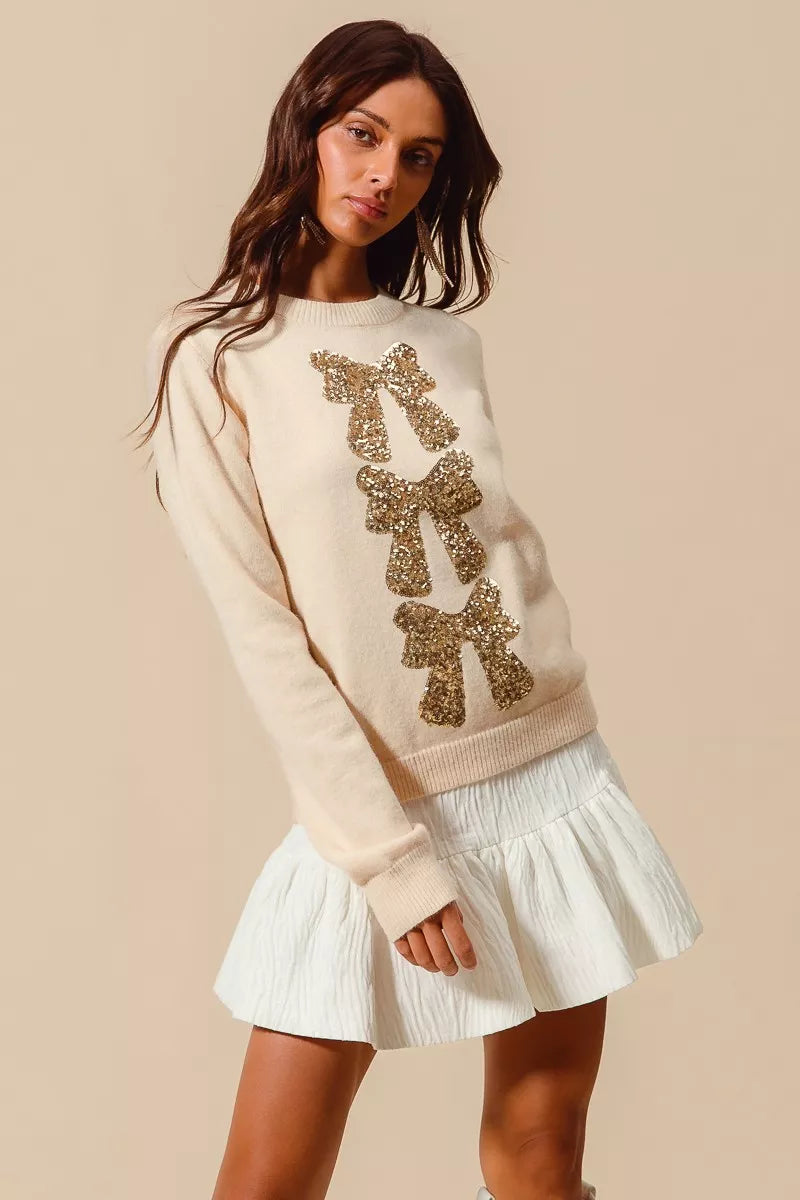 Sequined Bow Embellished Sweater - Cream and Gold