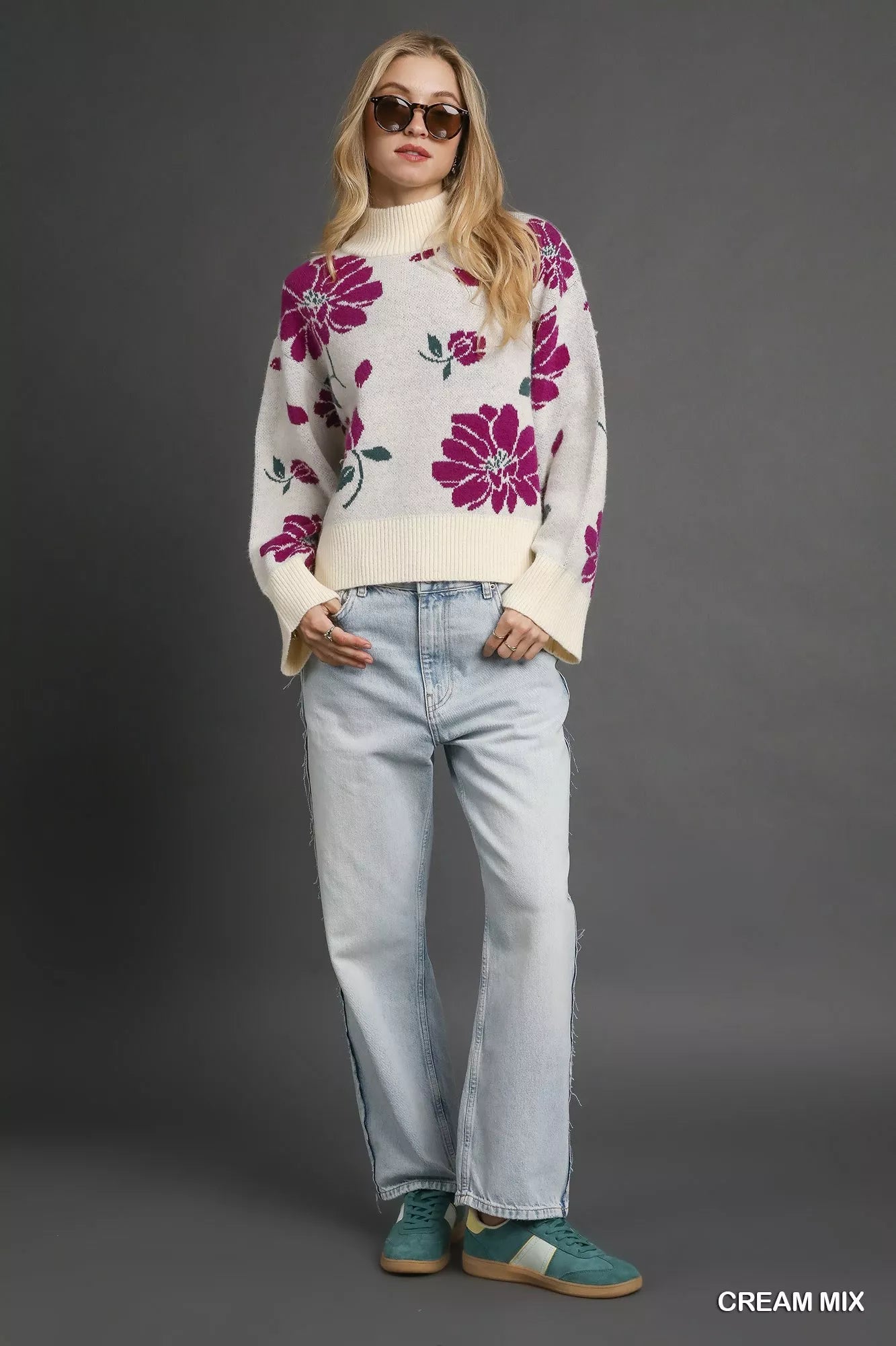 Floral Patterned Mock Neck Sweater