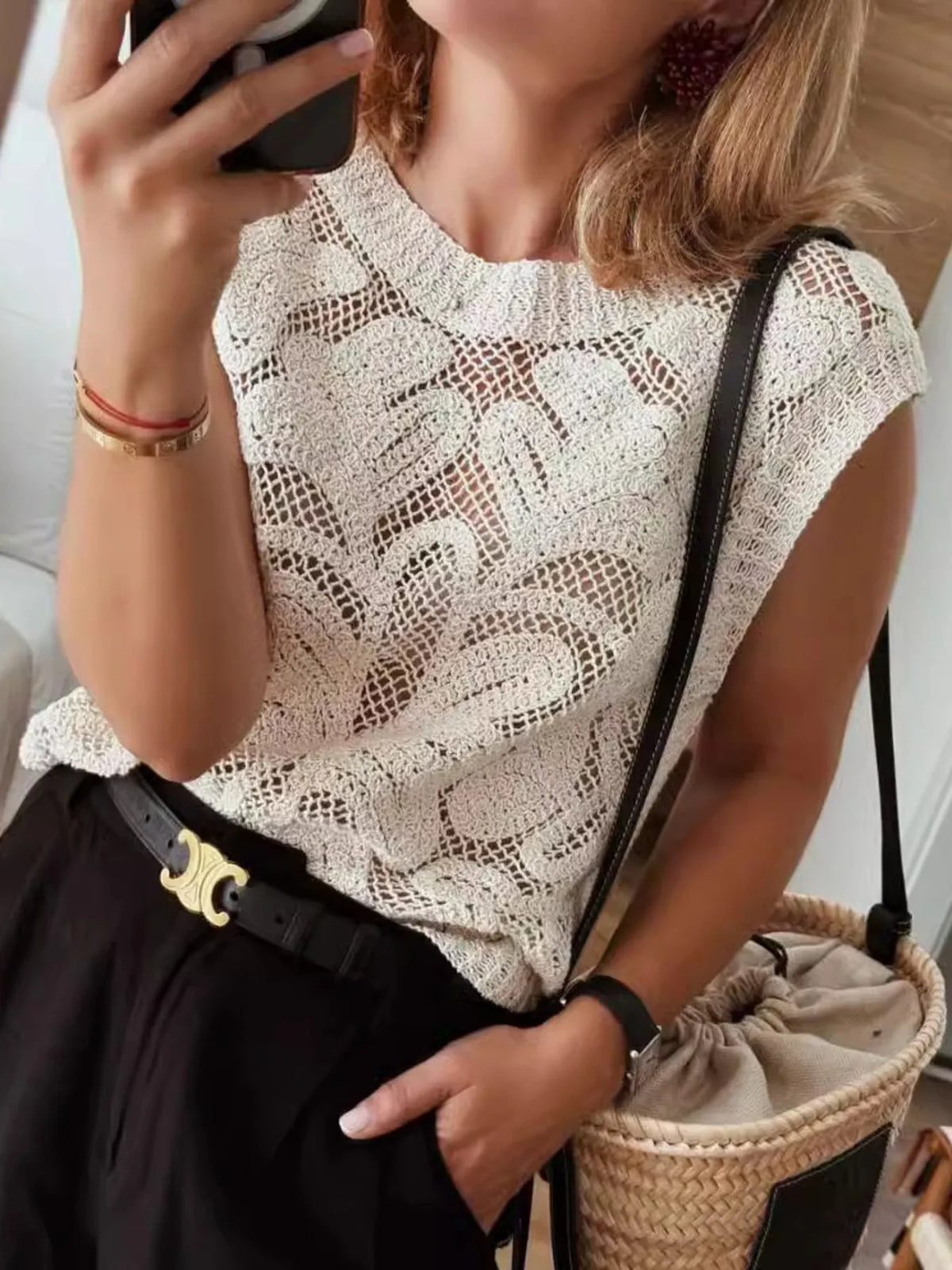 Women's Lace and Layered Sweater Vest - Back View