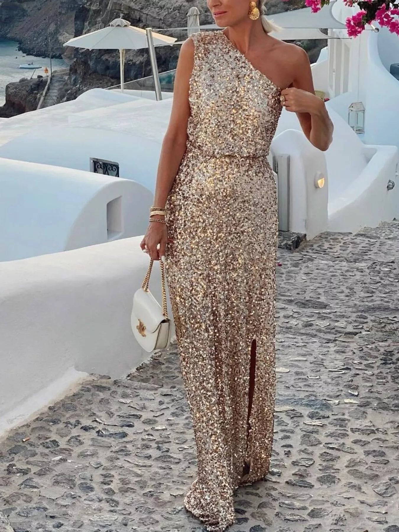 Sequin One-Shoulder Maxi Dress