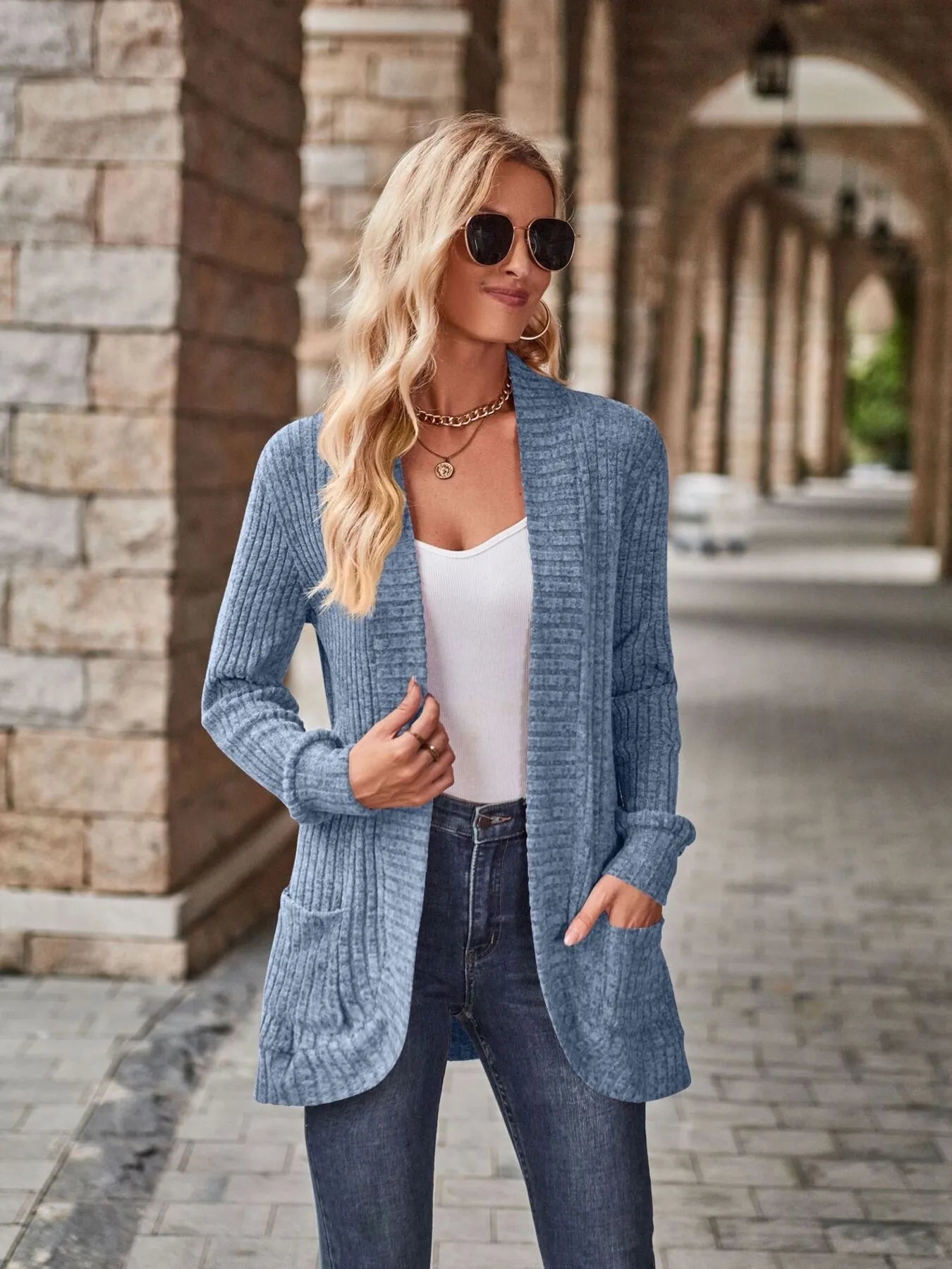 Ribbed Open Front Long Cardigan with Pockets