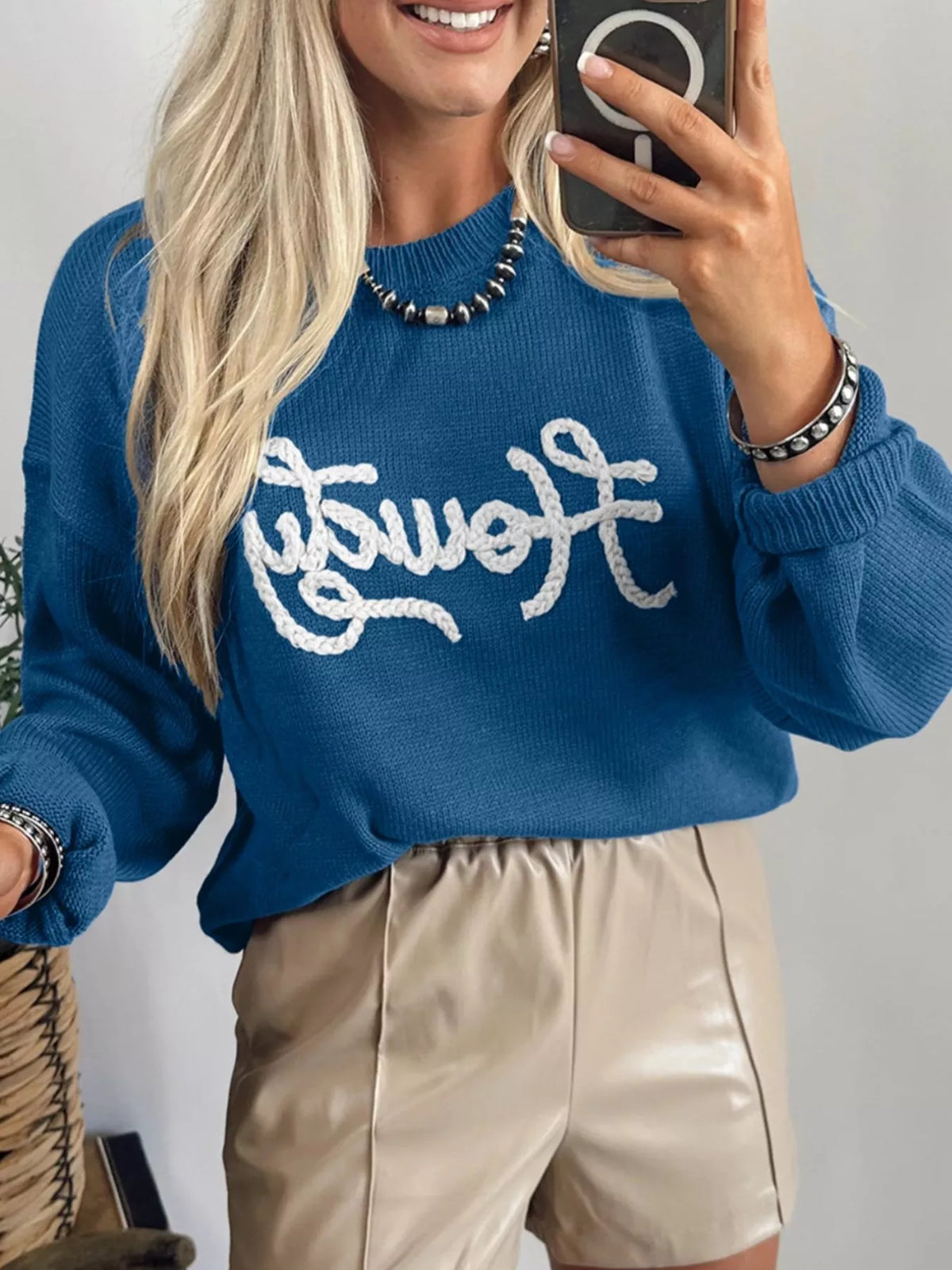 Howdy Embroidered Round Neck Sweater - Side View