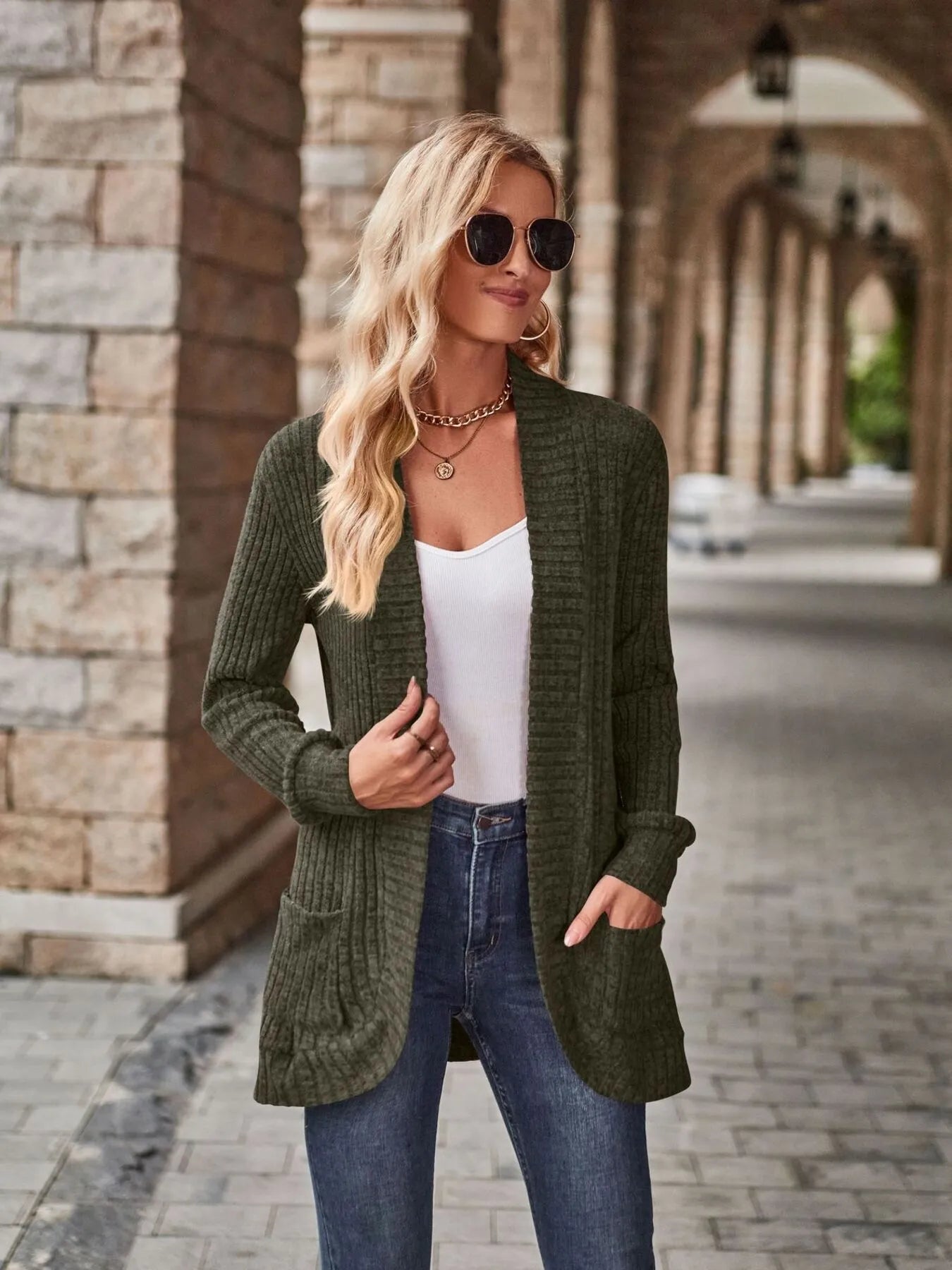 Ribbed Open Front Long Cardigan with Pockets