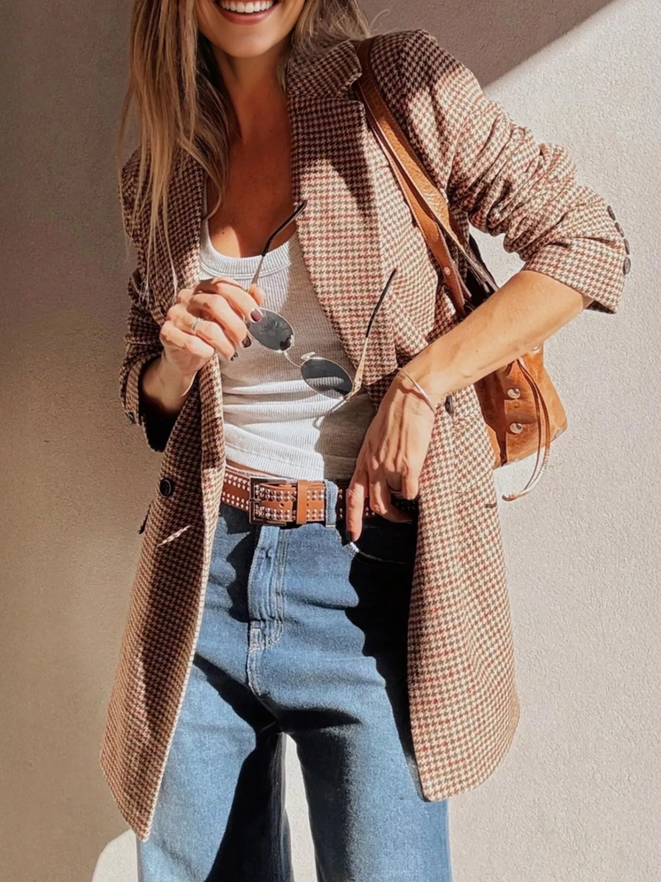 Houndstooth Lapel Collar Blazer