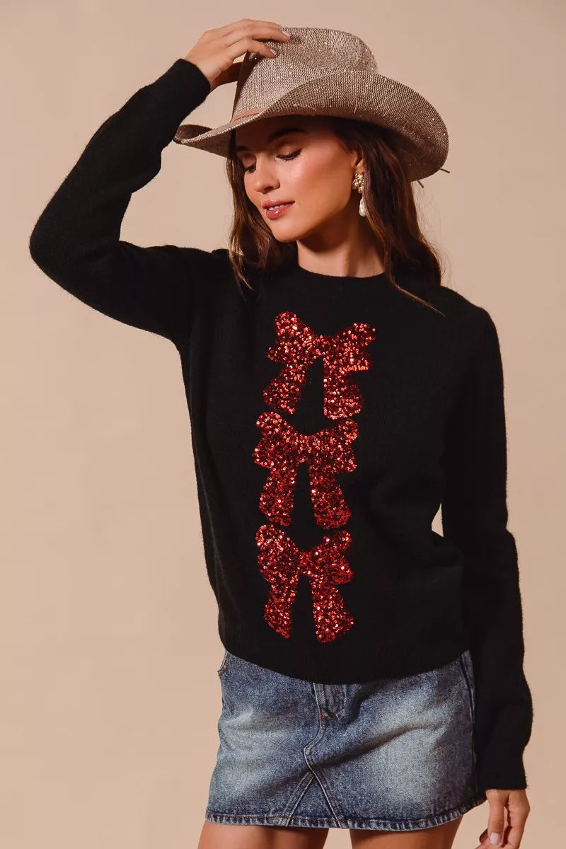 Sequined Bow Embellished Sweater - Black and Red