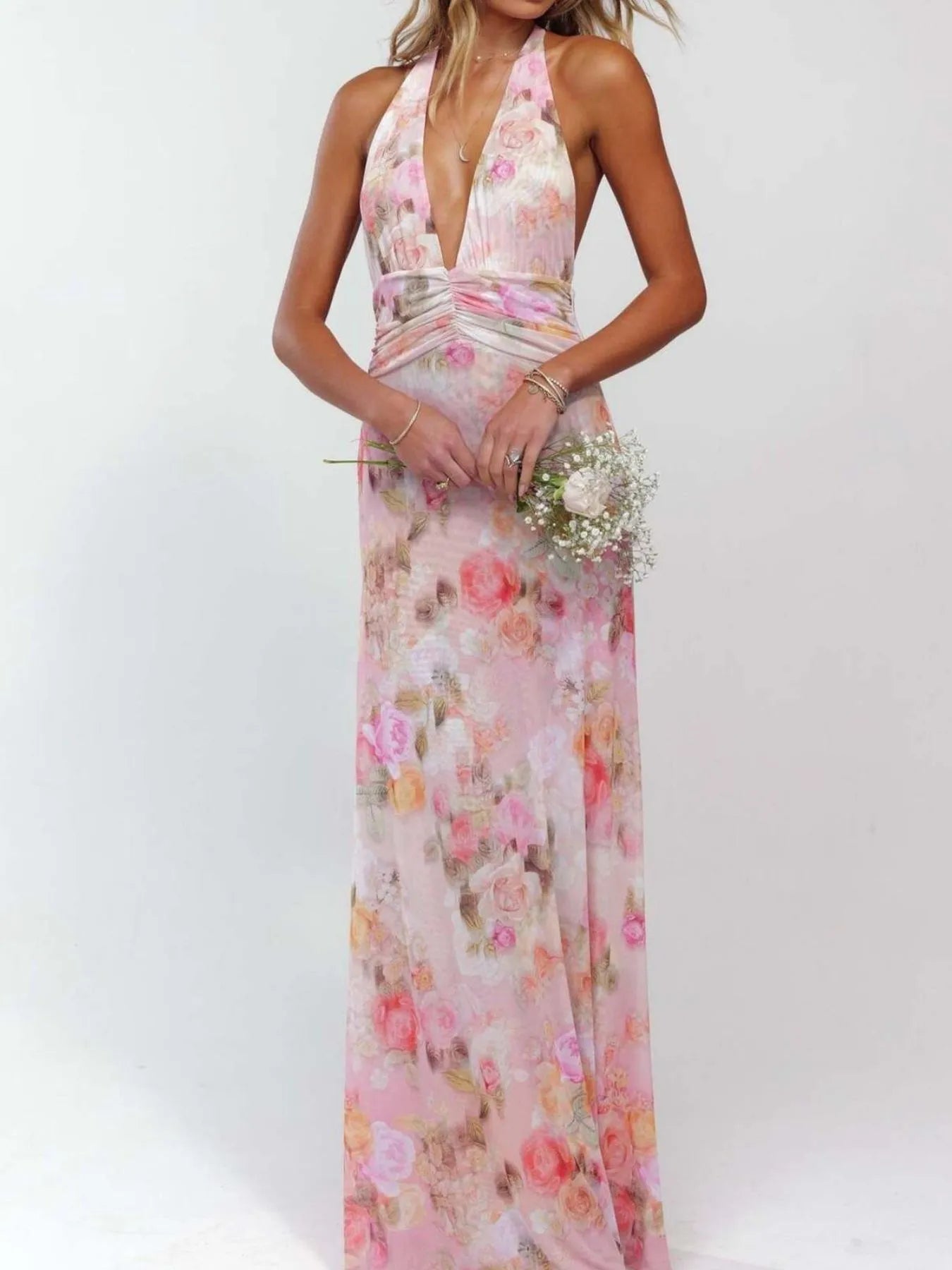 Floral Halter Neck Deep V Backless Dress