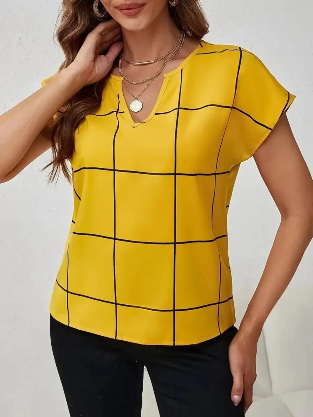 Modern Grid Notched Blouse