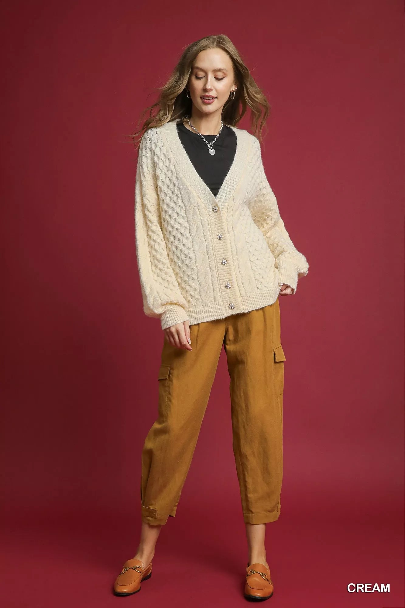 Cable Knit Cardigan with Pearl Buttons