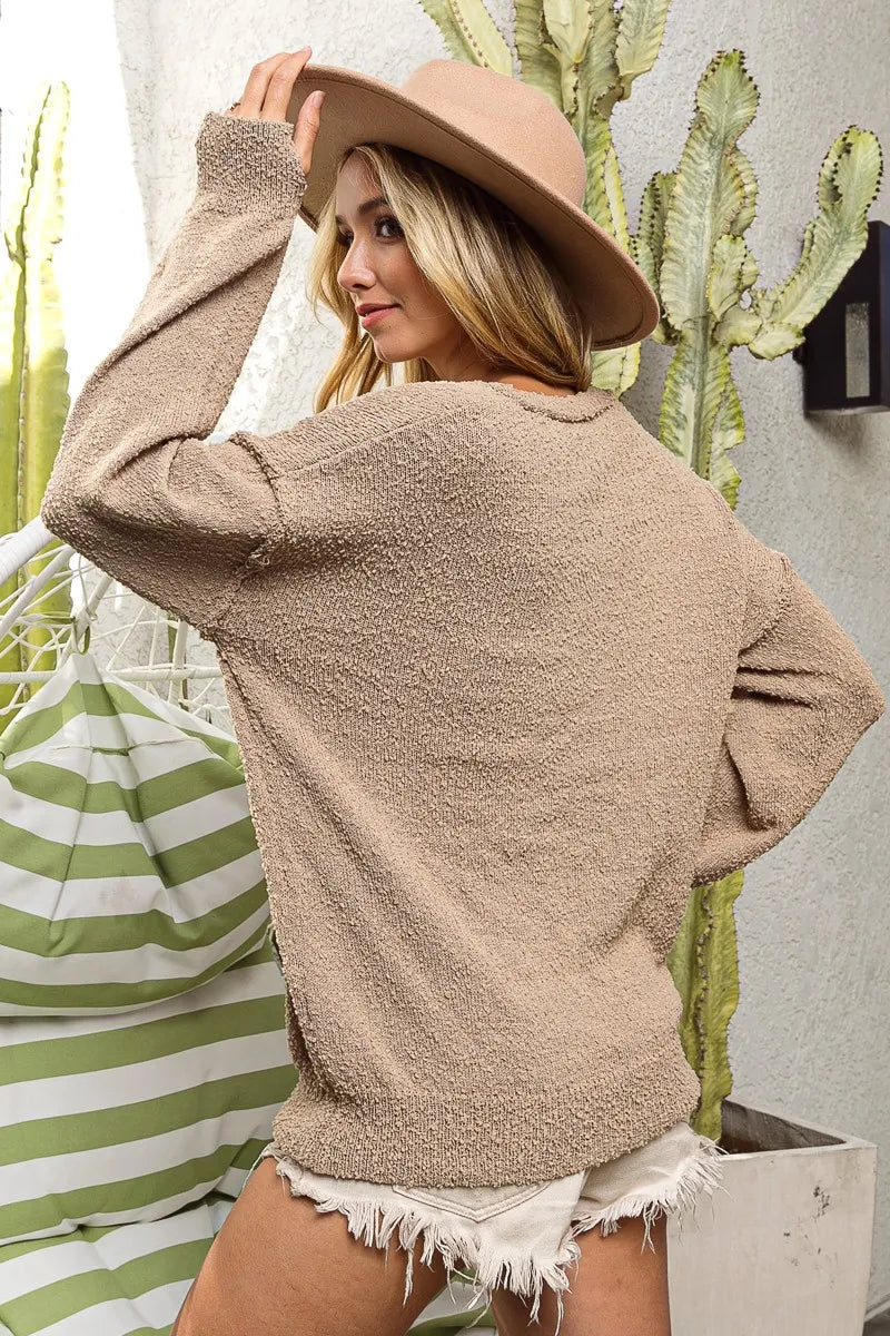 Raw Edged Texture V-neck Sweater
