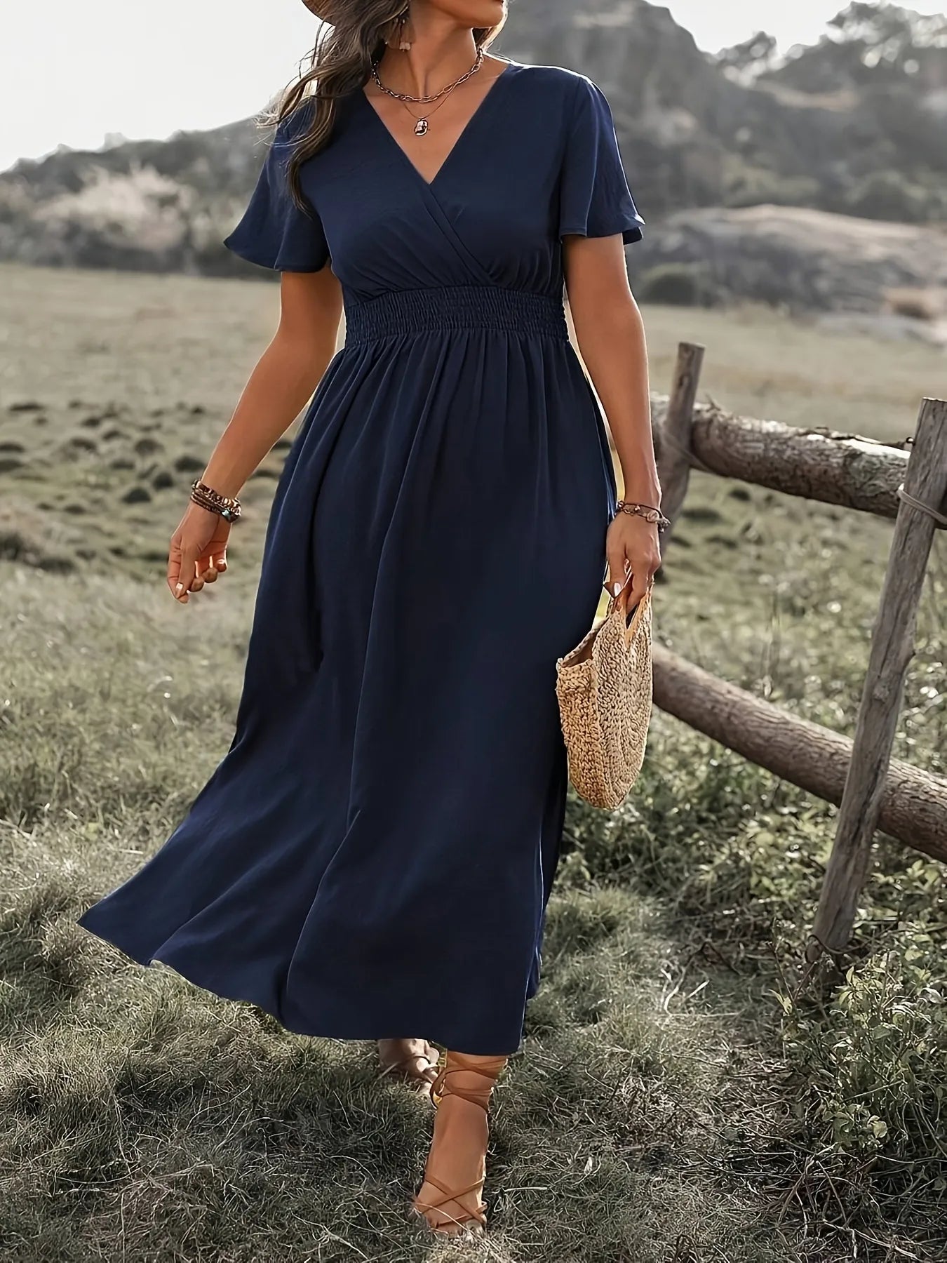 Surplice Short Sleeve Maxi Dress