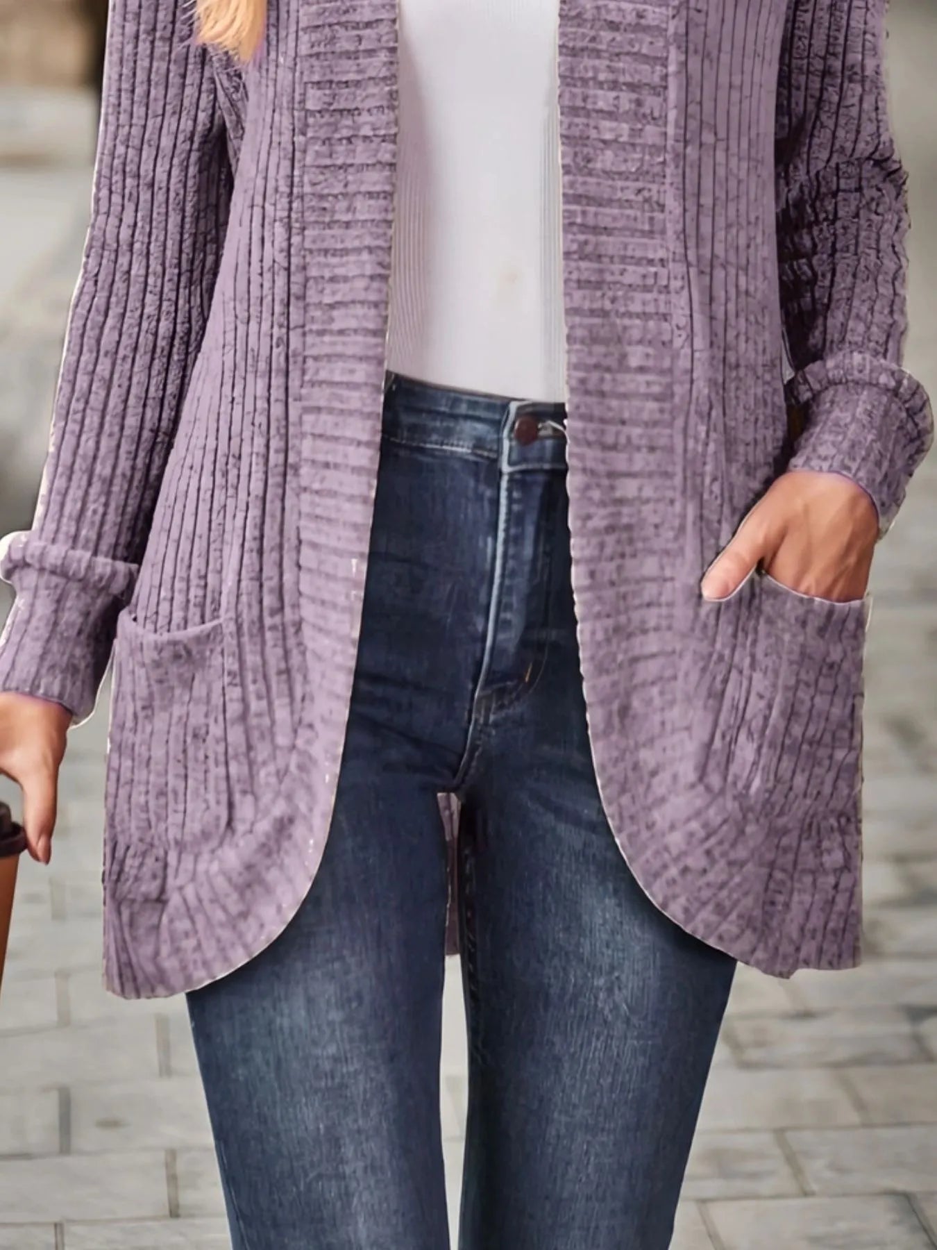 Ribbed Open Front Long Cardigan with Pockets