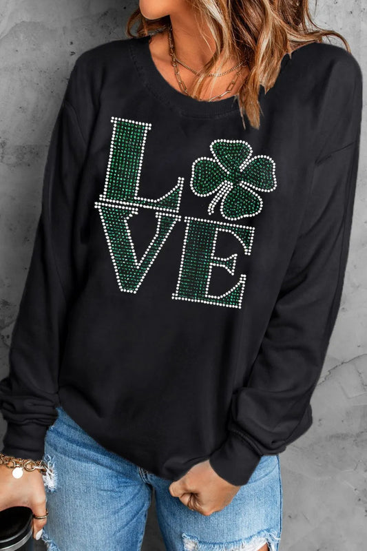 LOVE Rhinestone Clover Round Neck Sweatshirt - Back View