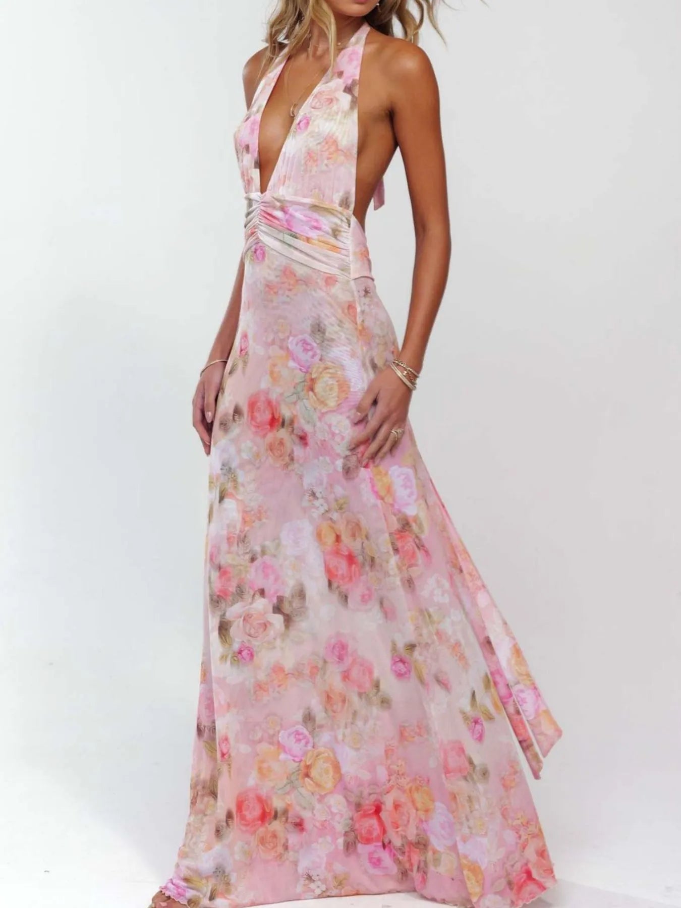 Floral Halter Neck Deep V Backless Dress