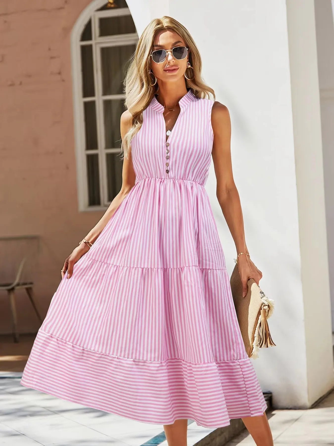 Coastal Striped Sleeveless Midi Dress
