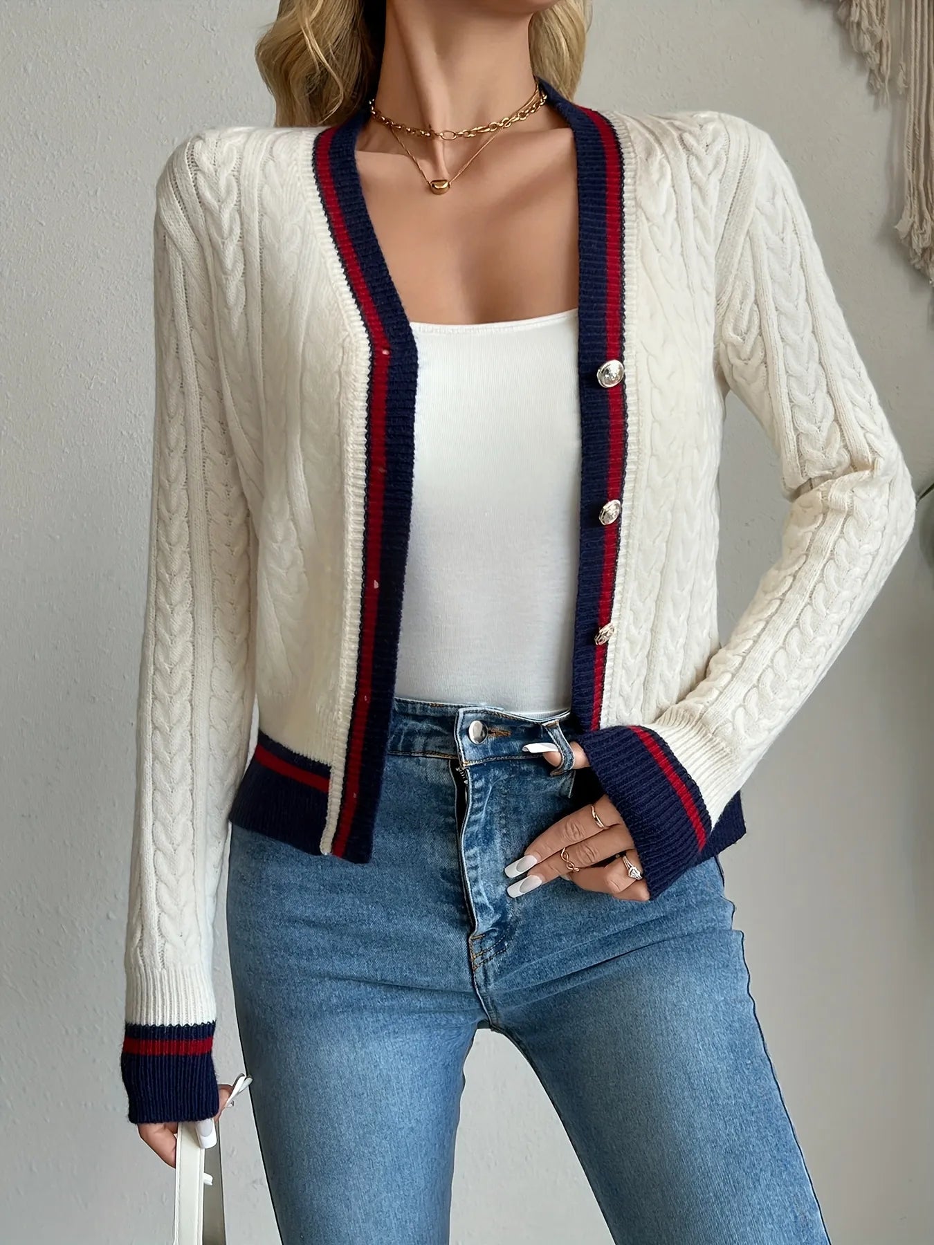 Cable Knit Cardigan with Contrast Trim