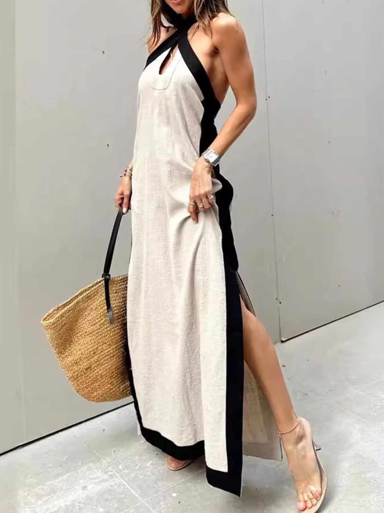 Color Block Halter Maxi Dress